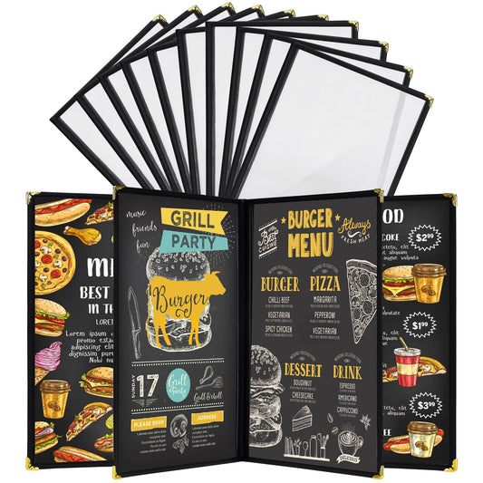 Restuarant Menu Covers,10 PCS 4 Page 8 View Transparent Leather Menu Covers 8.5X11 inch, Homeschool Supplies and Restaurant Supplies (Black*10)
