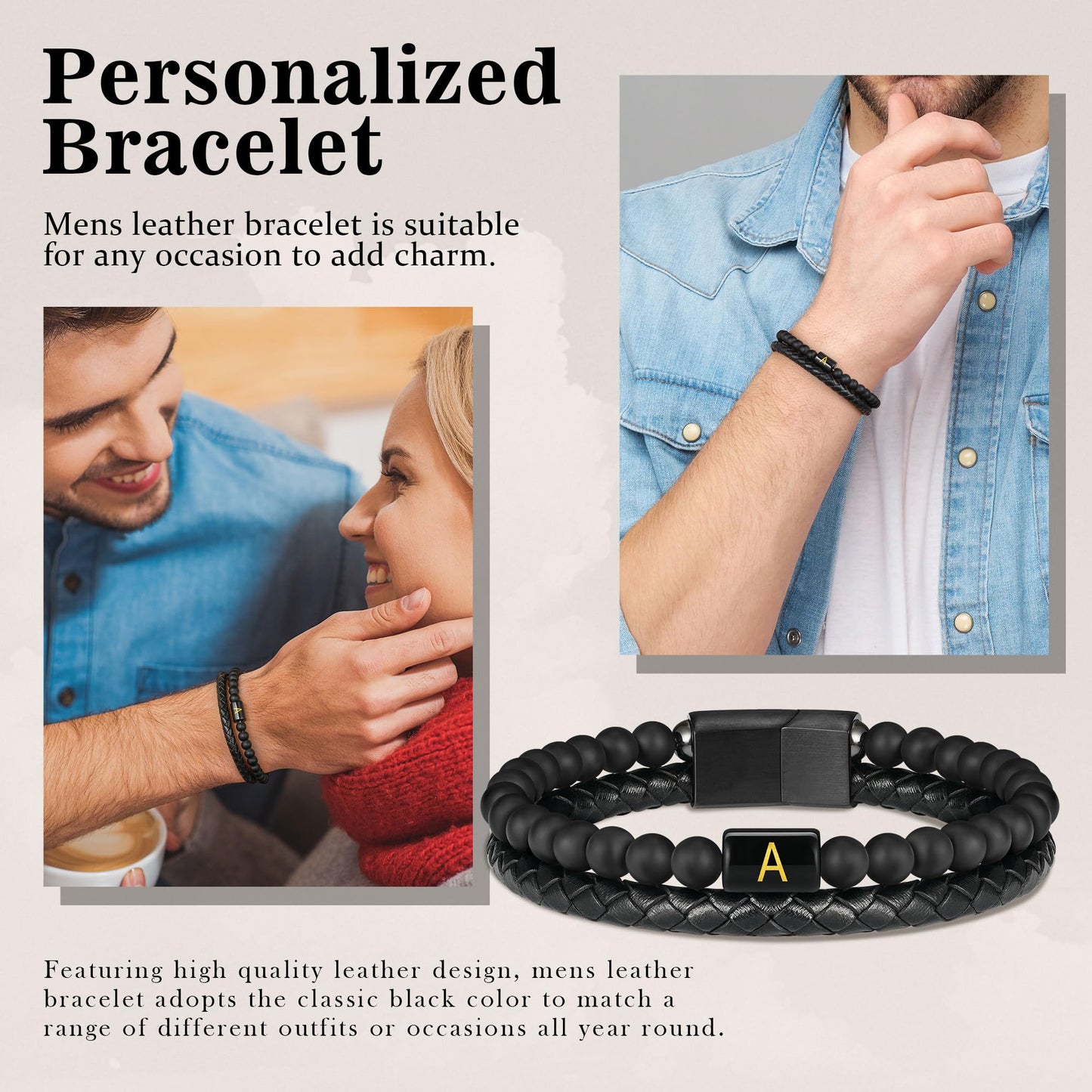 FOCOOG Gifts for Mens Bracelet - Men Gift Leather Bracelets for Men with Initial Matte Agate Bead Magnetic Clasp Leather Men's Initial J Bracelet for Men's Jewelry Mens Gifts for Dad Husband