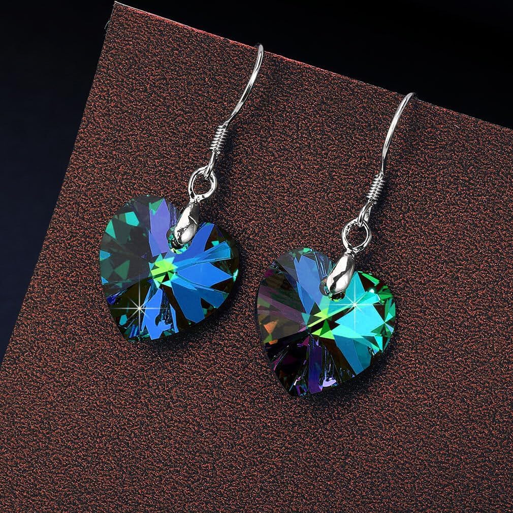 Austrian Crystal Heart Drop Dangle Earrings for Women 925 Sterling Silver Hook Hypoallergenic Earring (Rainbow)