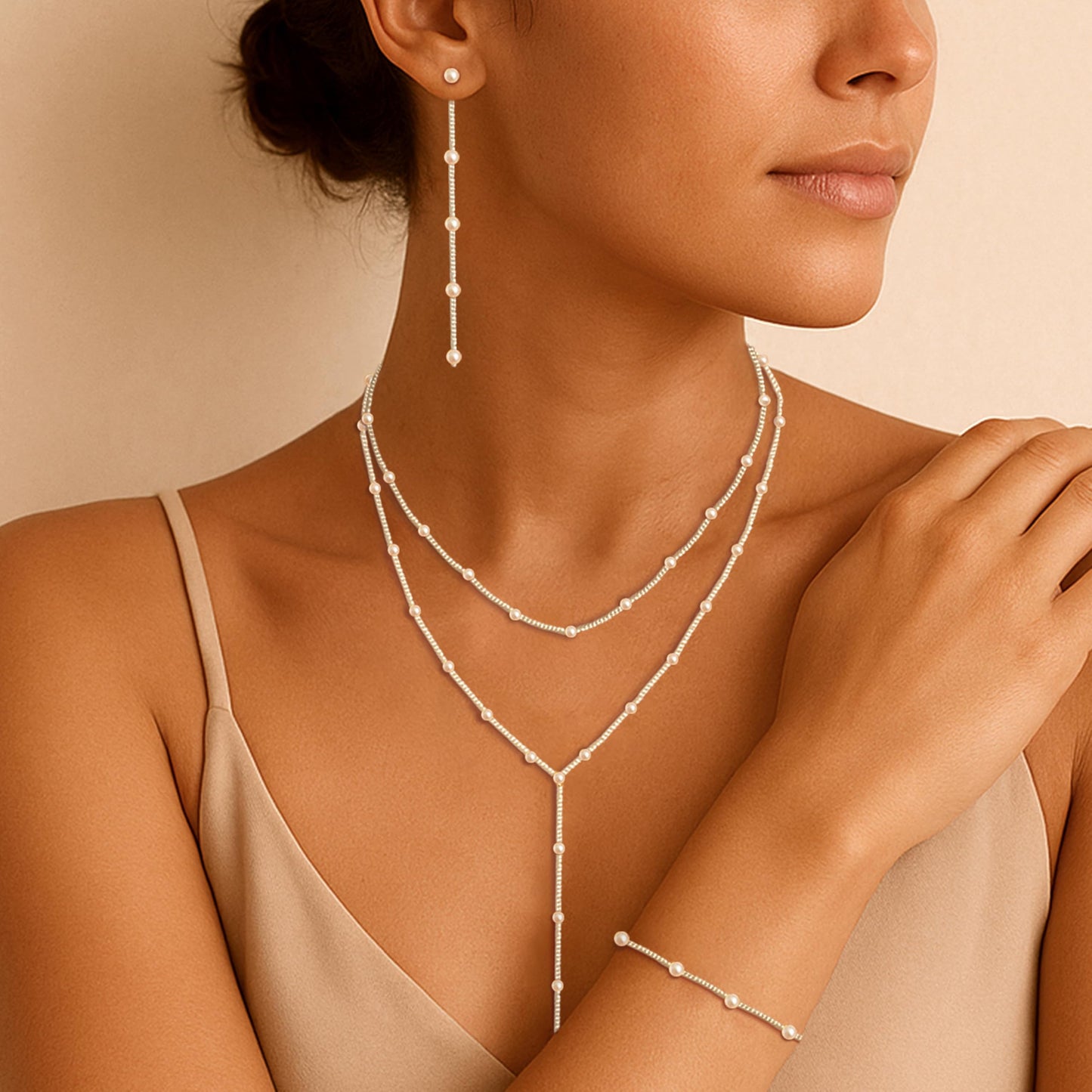 Zeffy Lariat Long Silver Necklace for Women Silver Jewelry Set Dainty Layered Pearl Y Necklaces Pearl Drop Earrings Bracelets Trendy Wedding Bride Jewelry Gift