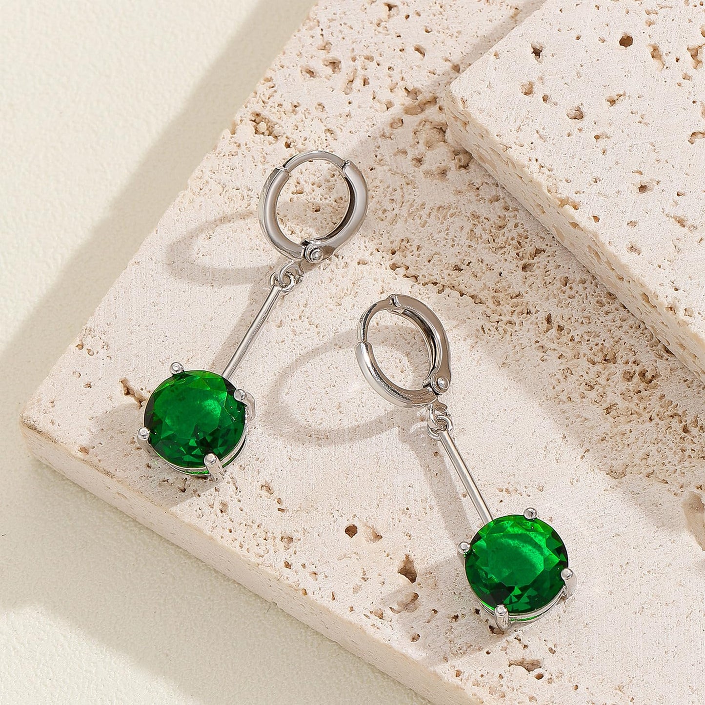 VONSSY Gemstone Drop Dangle Earrings | Platinum /Gold Plated Leverback Crystal Cubic Zirconia Hanging Red /Pink/Blue Earrings (Green-Platinum)