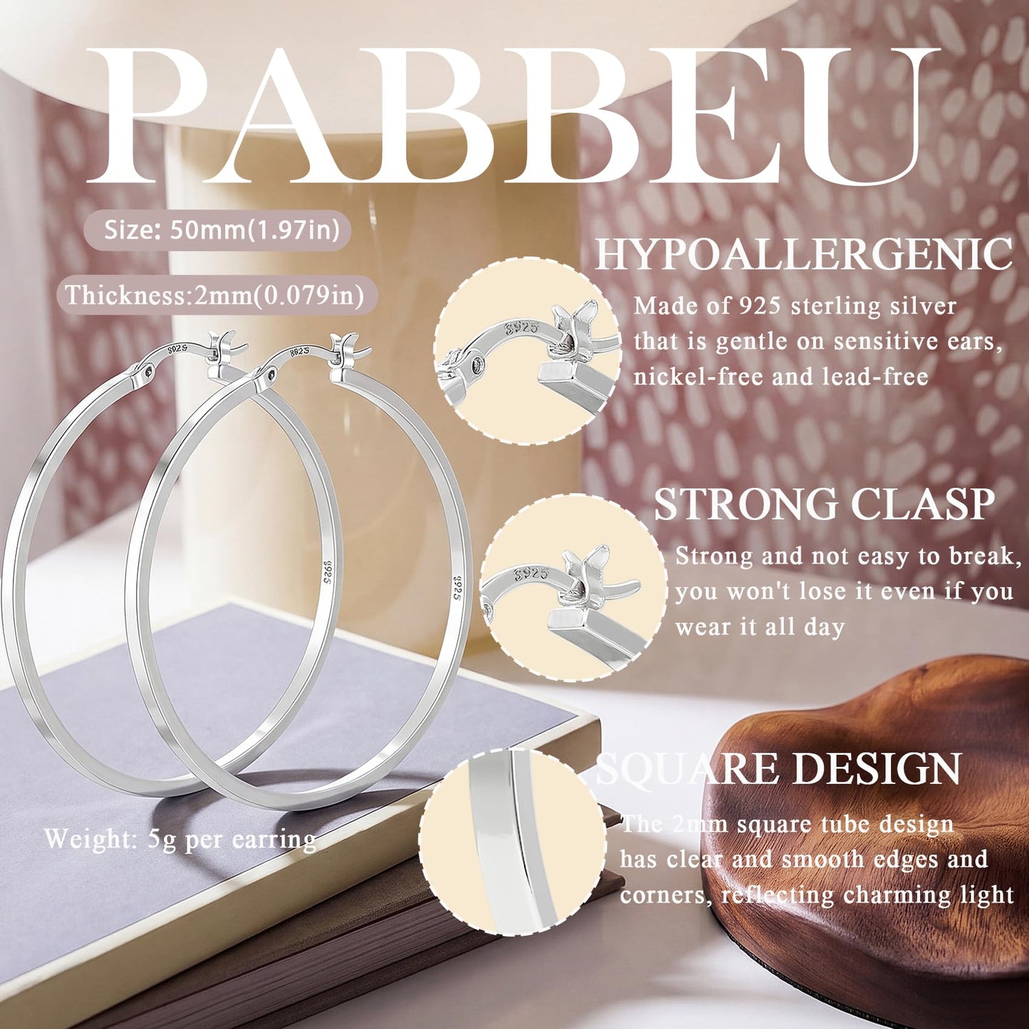 PABBEU 925 Sterling Silver Hoop Earrings Hypoallergenic Silver Hoop Earrings Lightweight Large Hoop Earrings for Women with 925 Sterling Silver Post 20/30/40/50/60/70mm