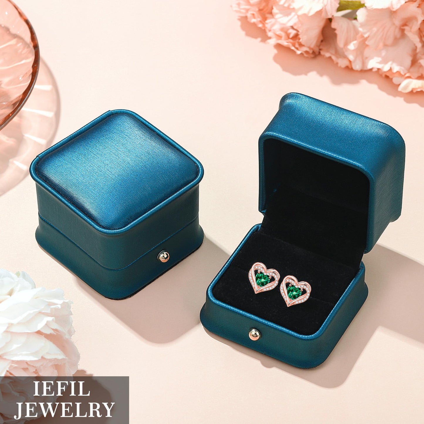 Iefil Heart Stud Earrings for Women, 925 Sterling Silver Rose-Gold-Plated July Birthstone Red Ruby Earrings