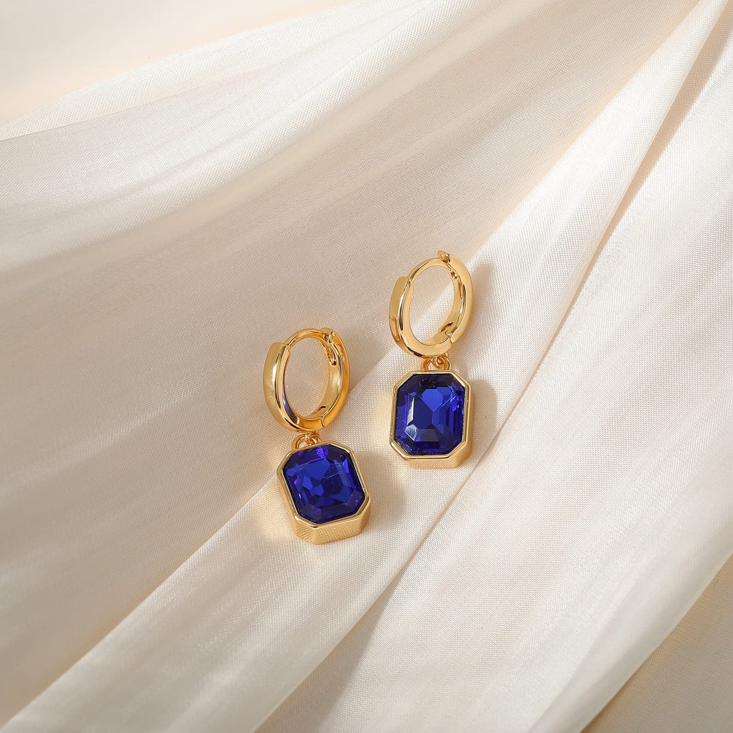 Birthstone Crystal Dangle Drop Earrings, 18K Gold Plated Huggie Hoop Hypoallergenic Earring Jewelry Gifts for Women (Royal Blue)