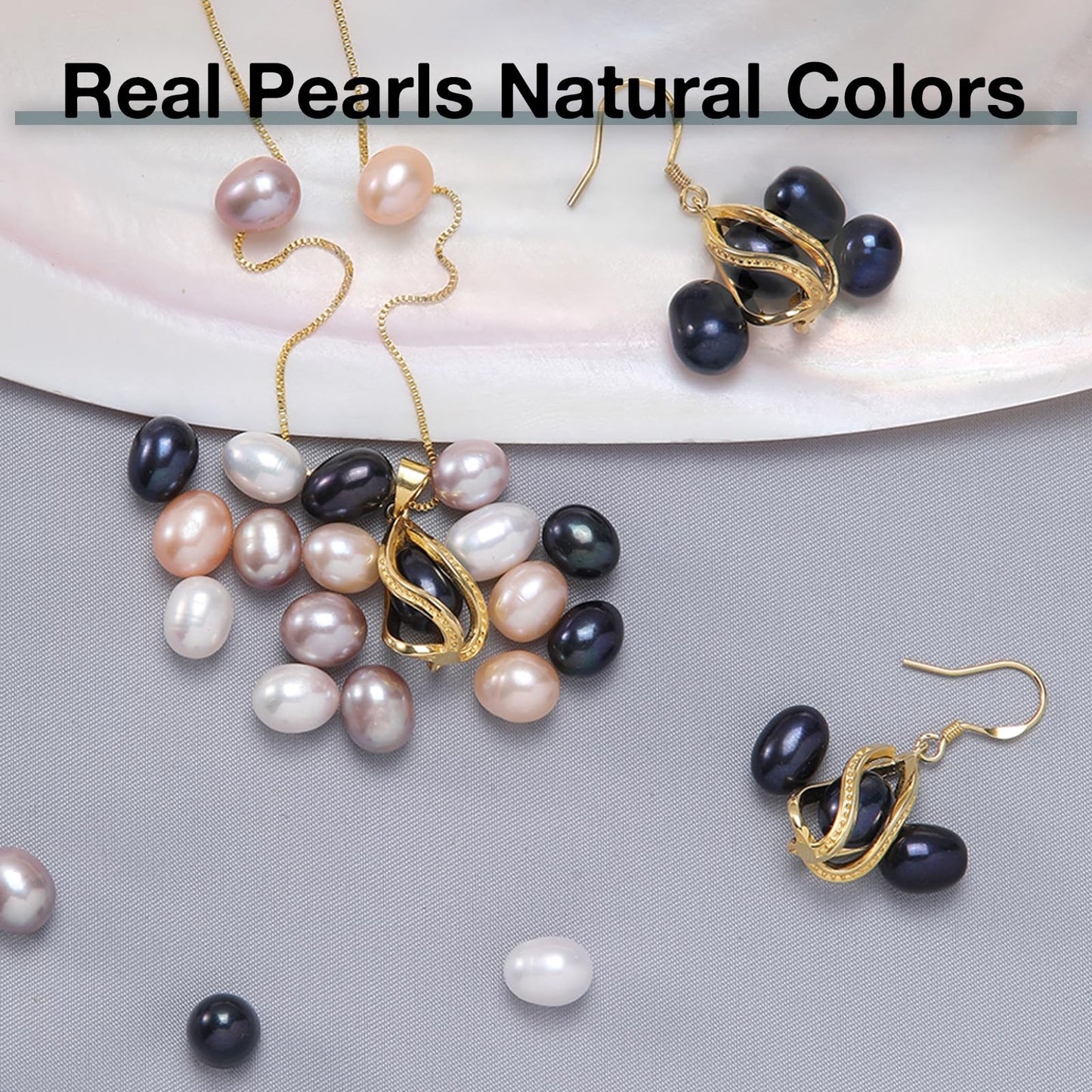 HENGSHENG Pearl Jewelry Set For Women 14K Gold Plated Necklace & Earrings Set Freshwater Pearl Pendant Cage Set for Wedding Anniversary Prom Birthday Gift - Golden Black