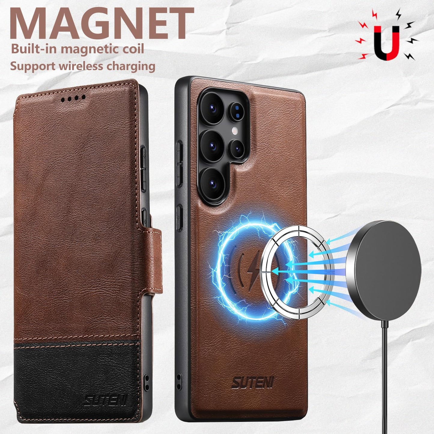 SINIANL for Samsung Galaxy S25 Ultra Leather Wallet Case Compatible with MagSafe Wireless Charging, Detachable Leather Cover with Card Slots Holder, Kickstand, Magnetic for Galaxy S25 Ultra Brown