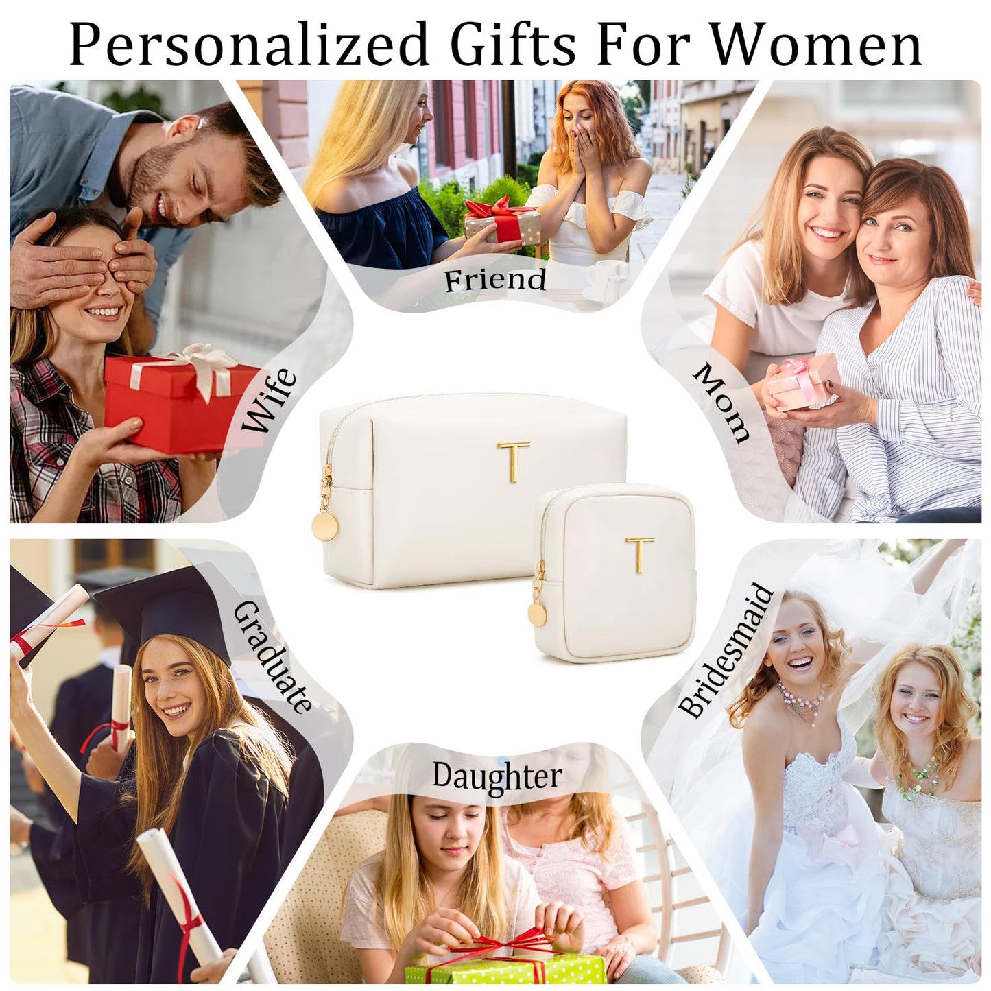 CLOUDWINGS Personalized Birthday Gifts for Women - Initial Makeup Bag Set Travel Toiletry Bag Cosmetic Bags Soft Waterproof PU Leather Makeup Pouch Travel Essentials (T, 2pcs Beige)