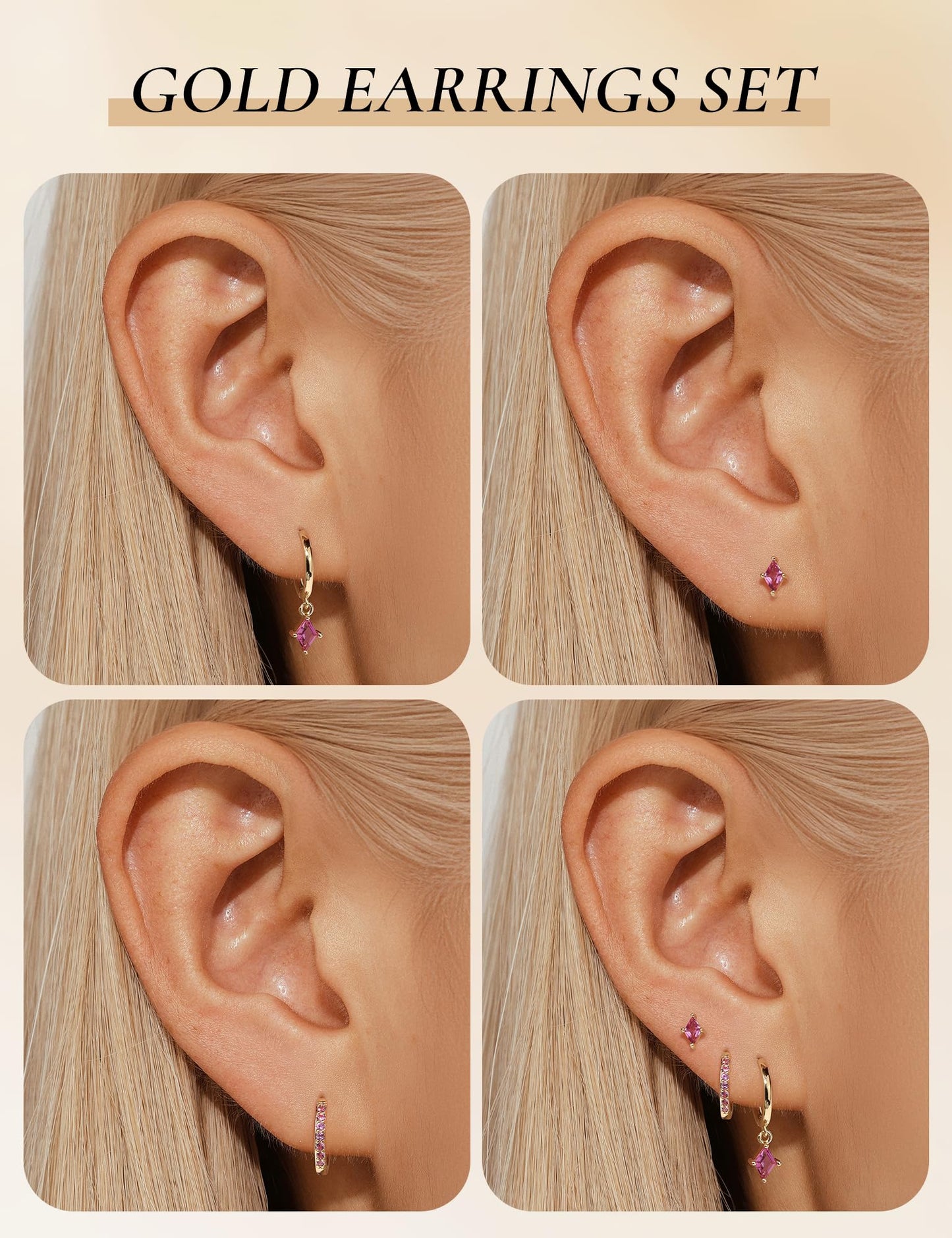 Gold Hoop Earrings Set for Women, Dainty 14K Gold Plated Pink Earrings, Hypoallergenic Trendy Small Earring Stacks Multiple Piercing, Huggies Magenta Dangle Earring Jewelry for Women
