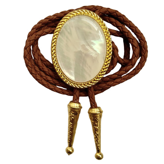 Himongoo Golden Mother of Pearl Bola Bolo Tie - Brown Leather Wedding Necktie for Men Women - Western Style Bolo Necktie