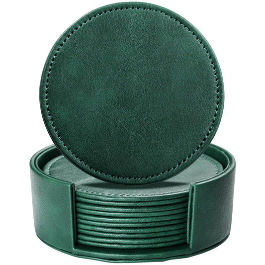 LAMOTI Leather Coasters for Drinks, 4" Drink Coasters Set of 6 with Holder for Tabletop Protection, Handmade Luxurious Home Décor and Housewarming Gift (Green)