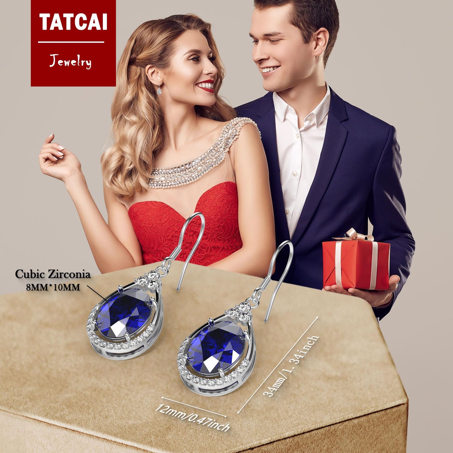 18K White Gold Plated Sterling Silver Oval Cut Cubic Zirconia Drop Dangle Earrings for Women Hypoallergenic Statement Earrings Gifts for Women Mom (Blue)