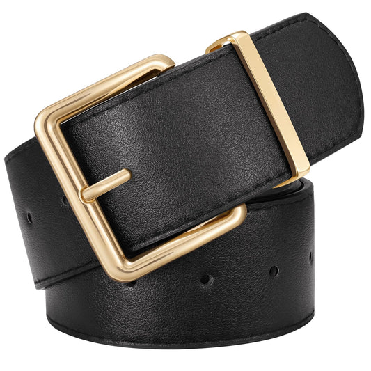 XZQTIVE Women Wide Chunky Belt for Dresses Fashion Thick Leather Belt with Gold Buckle, Black(Fit Waist Size 33"-39")