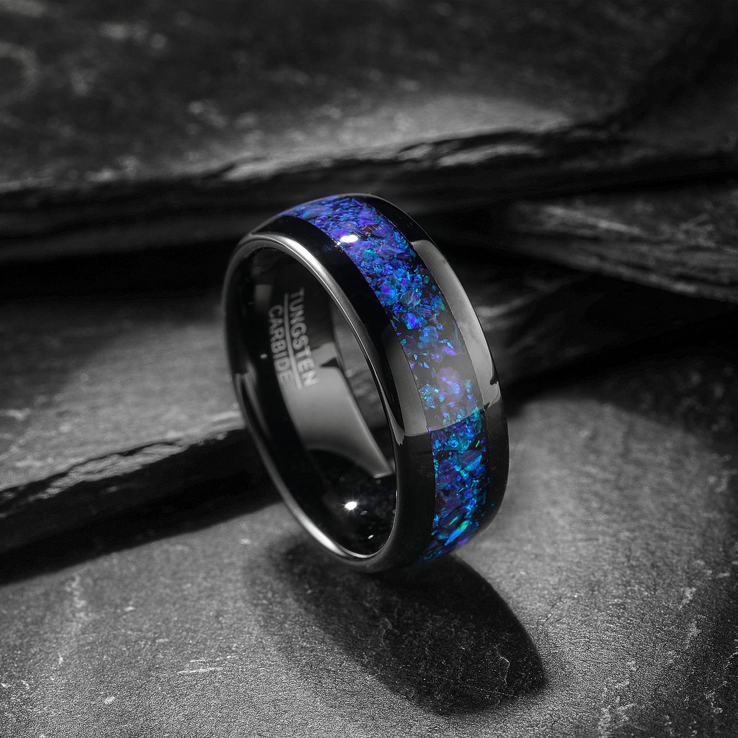 NUNCAD Black Wedding Ring Men Tungsten Blue Opal Ring Wedding Band Dome Polished Finish Comfort fit 8mm Sizes 8