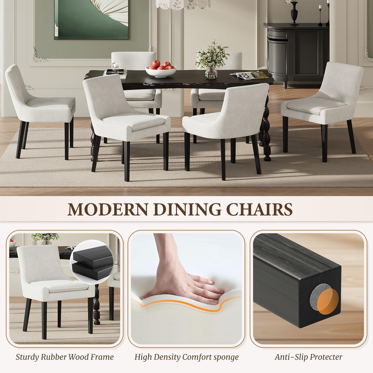 COLAMY Upholstered Dining Chairs Set of 6 with Mid Back and Wood Legs, Modern Accent Side Chairs for Living Room/Dining Room-Beige