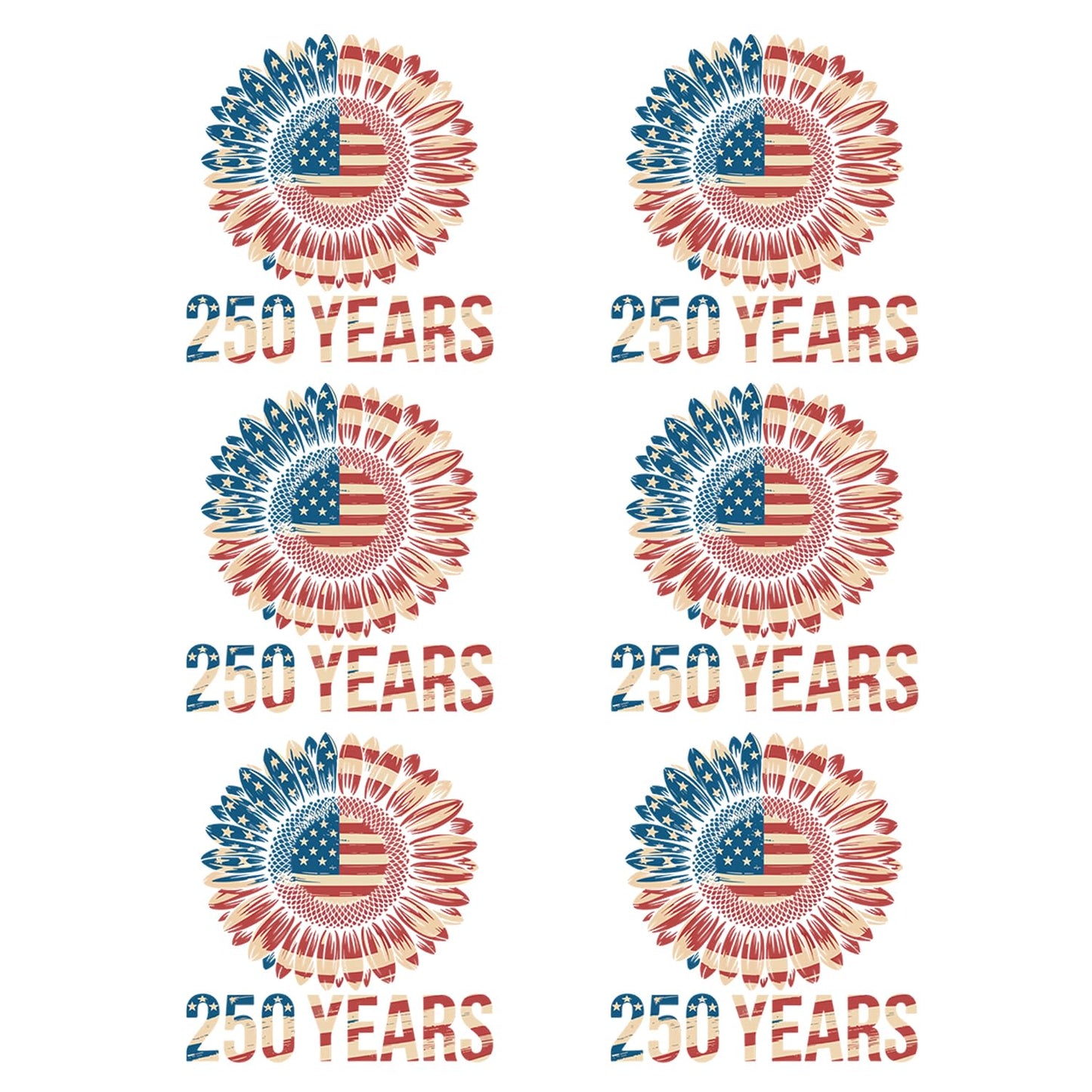6 Sheets 250th Anniversary USA Iron on Patches Heat Transfer Independence Day Flower and USA Flag Designs 4th of July DTF Transfers Vinyl Stickers Supplies for T-Shirts Bags Clothes DIY Craft Decor