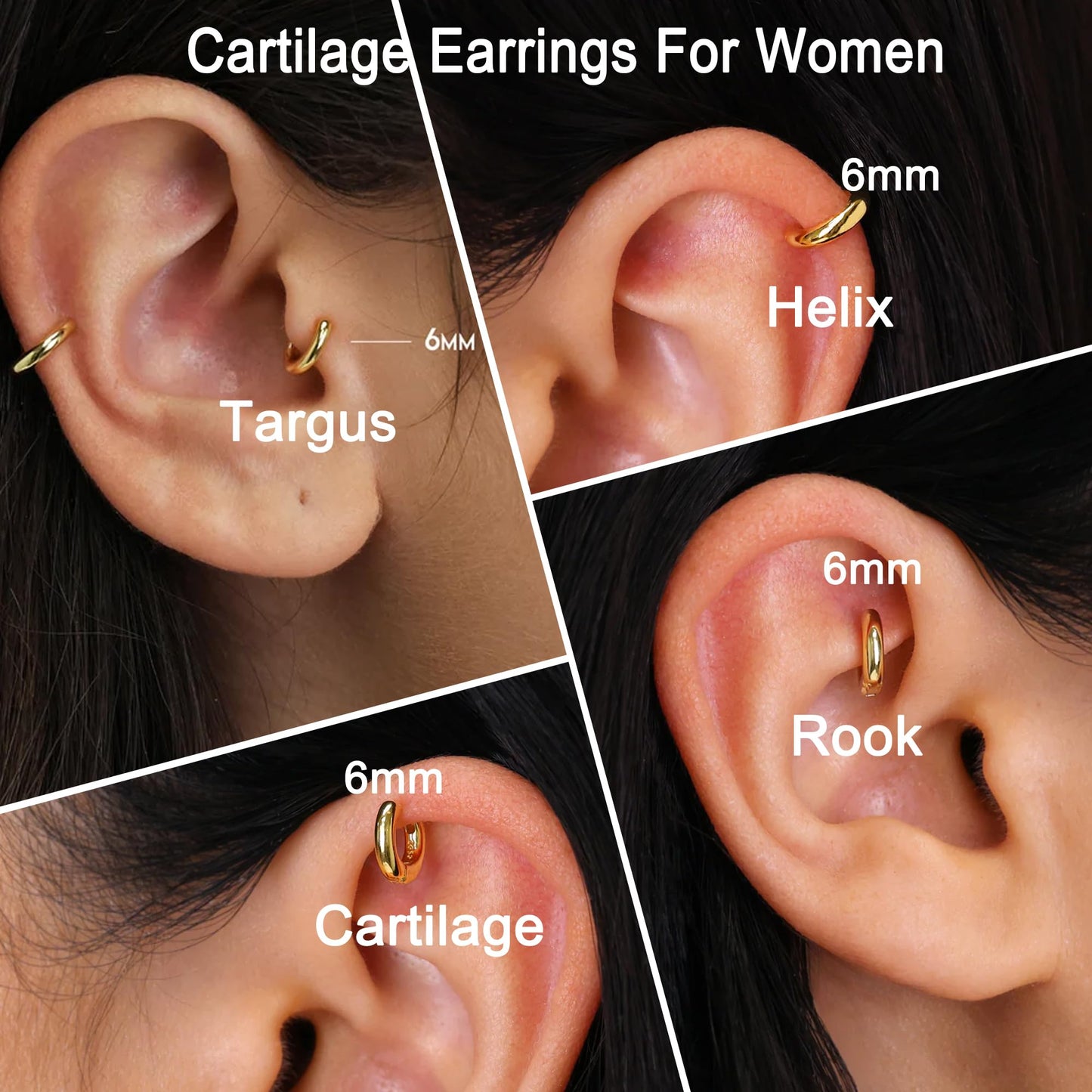 6mm Small Hoop Earrings Set for Women 14K Gold Plated Huggie Mini Cute Cartilage Earrings Set for Multiple Piercing Tragus Helix Rook Piercing Jewelry Lightweight Clip On