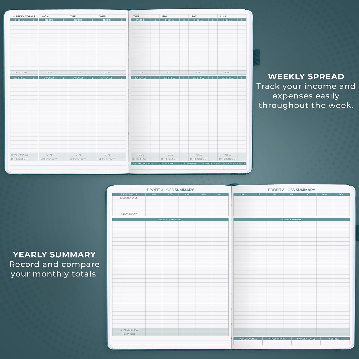 Clever Fox Income & Expense Tracker Large – Accounting & Bookkeeping Ledger Book for Small Business – 2-Year Record Notebook, A4 (Dark Teal)