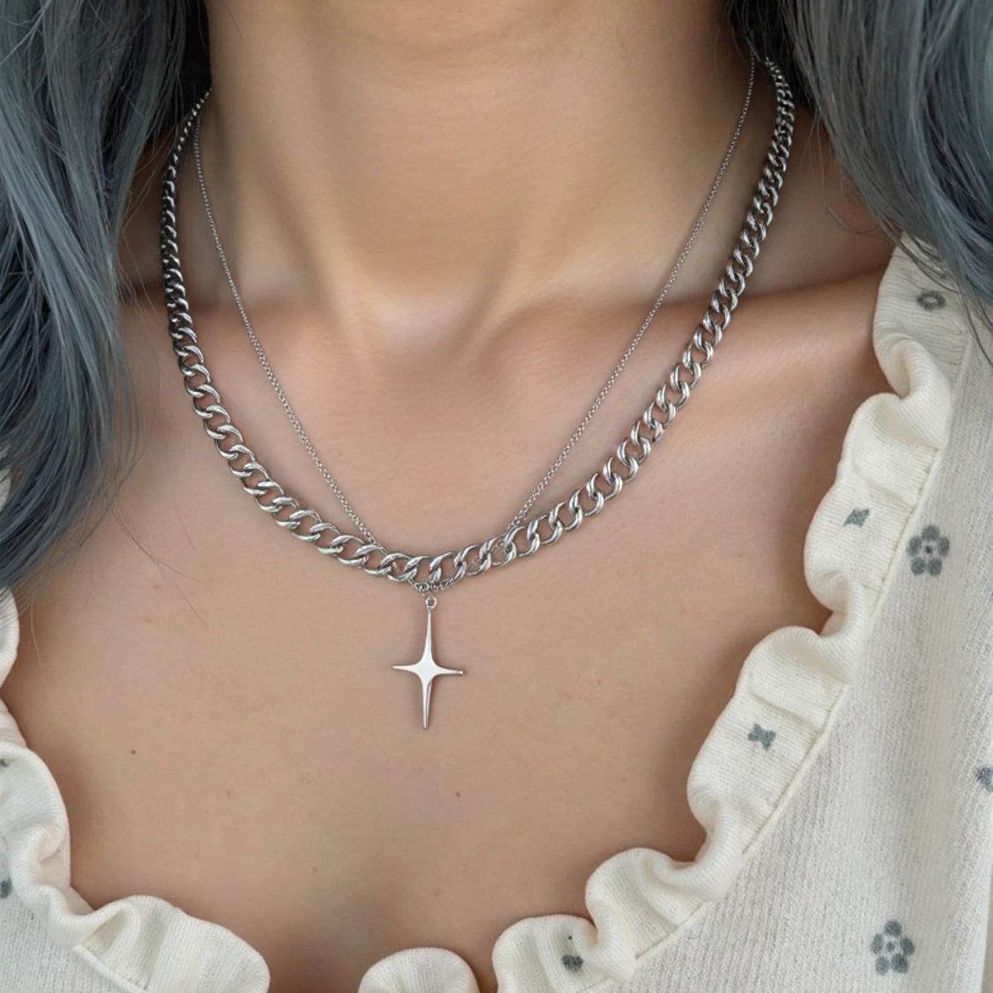 Buyongwant Cross Star Necklace for Women Irregular Y2k Double Layered Chain Fashion Jewelry Silver