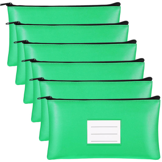 Paterr 6 Pcs Money Bags with Zipper PU Leather Deposit Bank Bag Security Money Pouch Receipt Holder Bank Pouch Wallet with Label for Cash Coin Makeup Cosmetics Bills Tickets, 11 x 6 Inch(Agate Green)