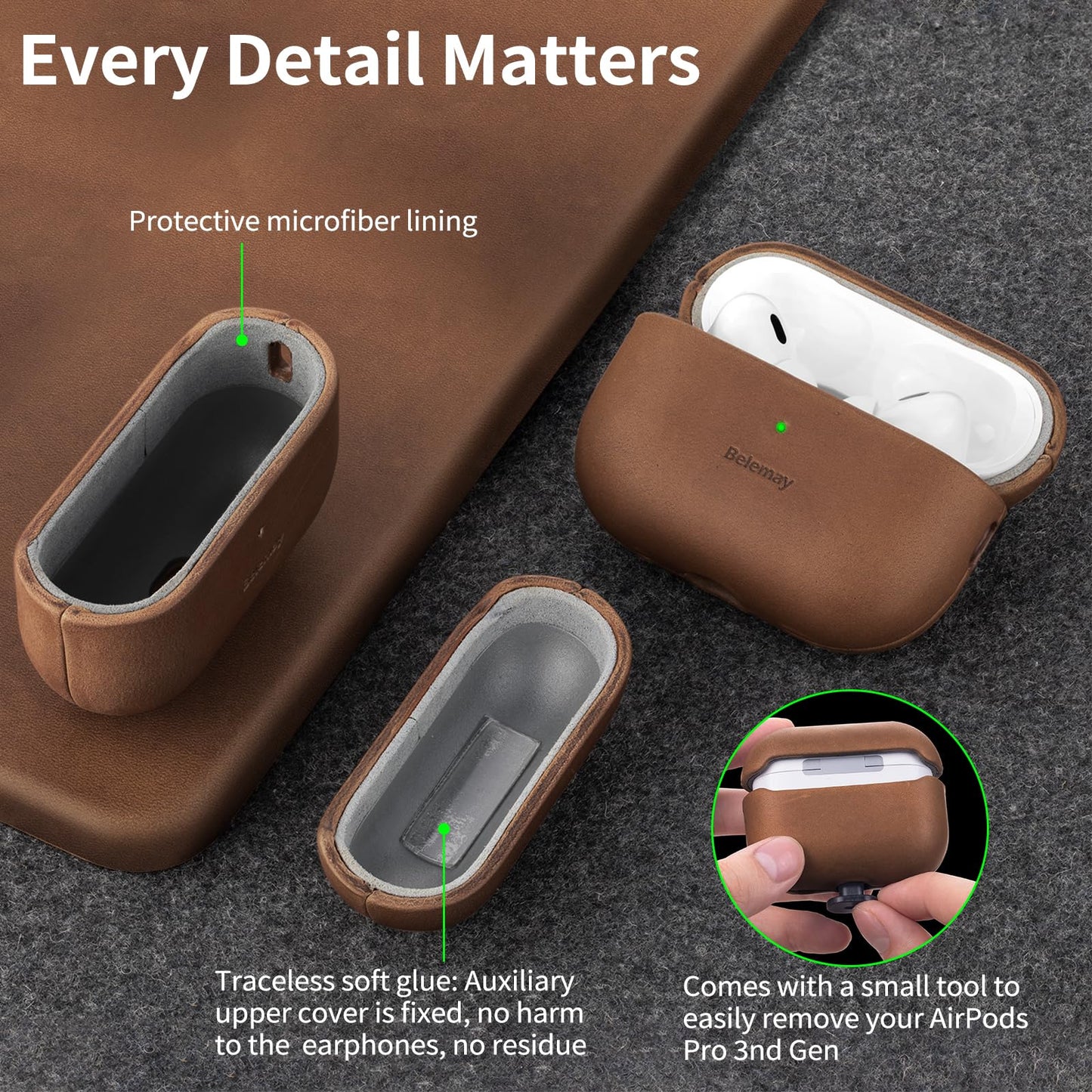 Belemay Handcrafted Crazy Horse Leather Case for AirPods Pro 3rd Gen (2025), Vintage Aesthetic, Two-Tone Effect, Unique Patina, Compatible with MagSafe, Compatible with Airpods Pro 3, Vintage Brown