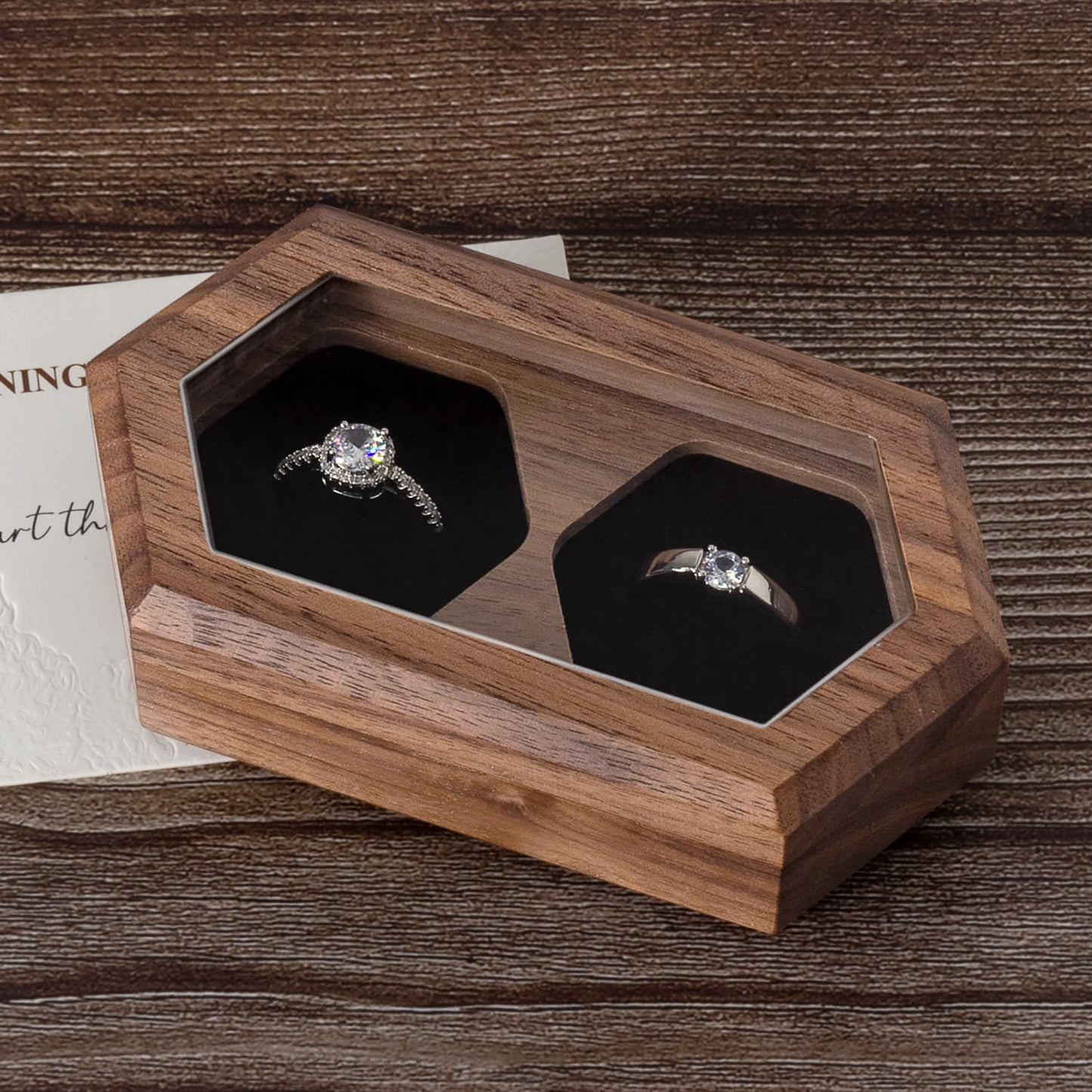 Wislist Double Ring Box for Wedding Ceremony,Walnut Wooden Rustic Ring case for Wedding and Engagement