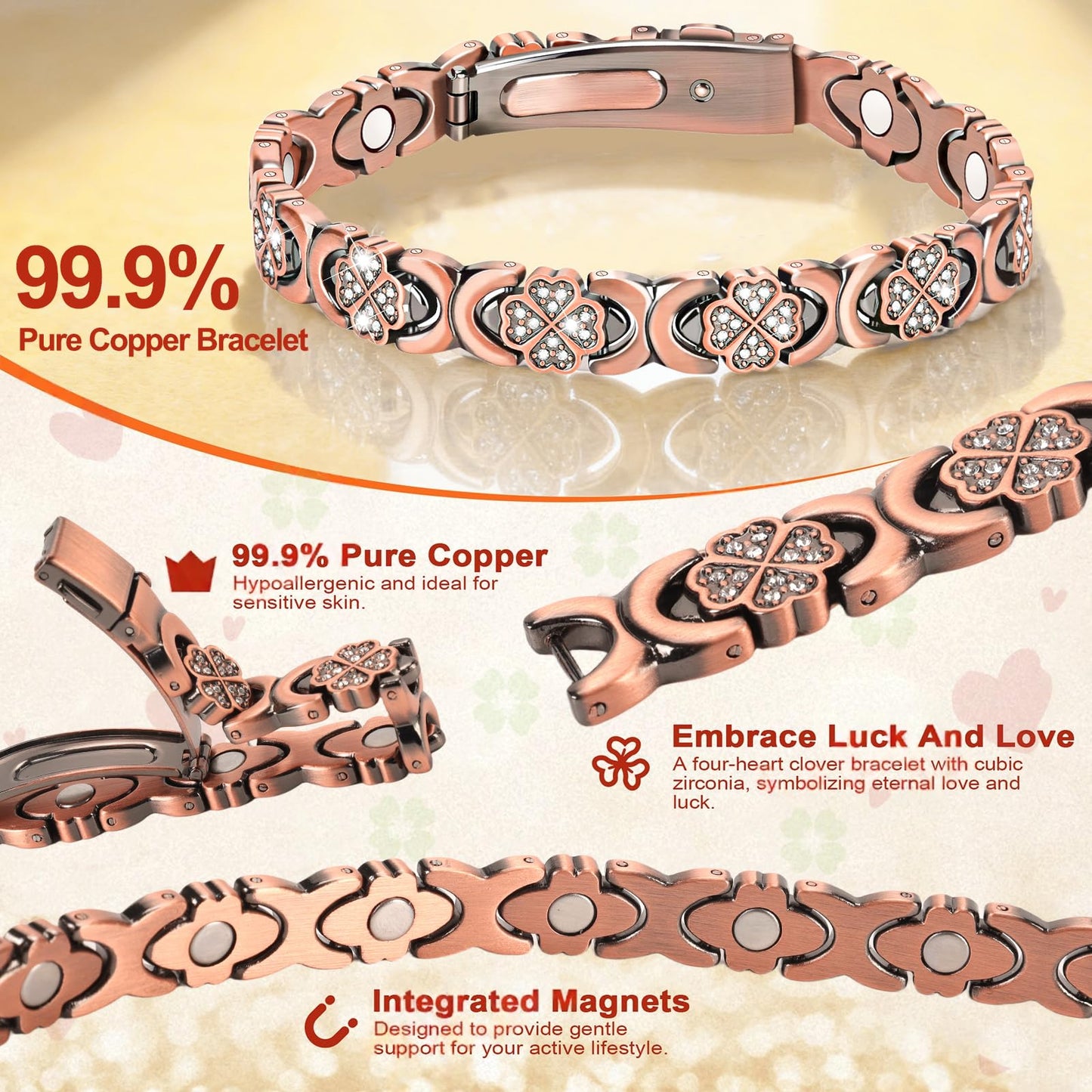 vapeples Copper Bracelets for Women, 3800 Gauss, 99% Pure Copper Magnetic Bracelet, Adjustable Sizing, Four-Leaf Clover Women's Bracelets with Sparkling Cubic Zirconia, Gift Packaging