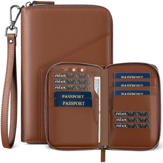 VULKIT Family Passport Holder for 4 Passports - RFID Blocking Travel Wallet Holds Up to 5, Organizer with 4 Slots for Cards & SIM, Secure Zipper Closure, Family Travel Essentials (Espresso)