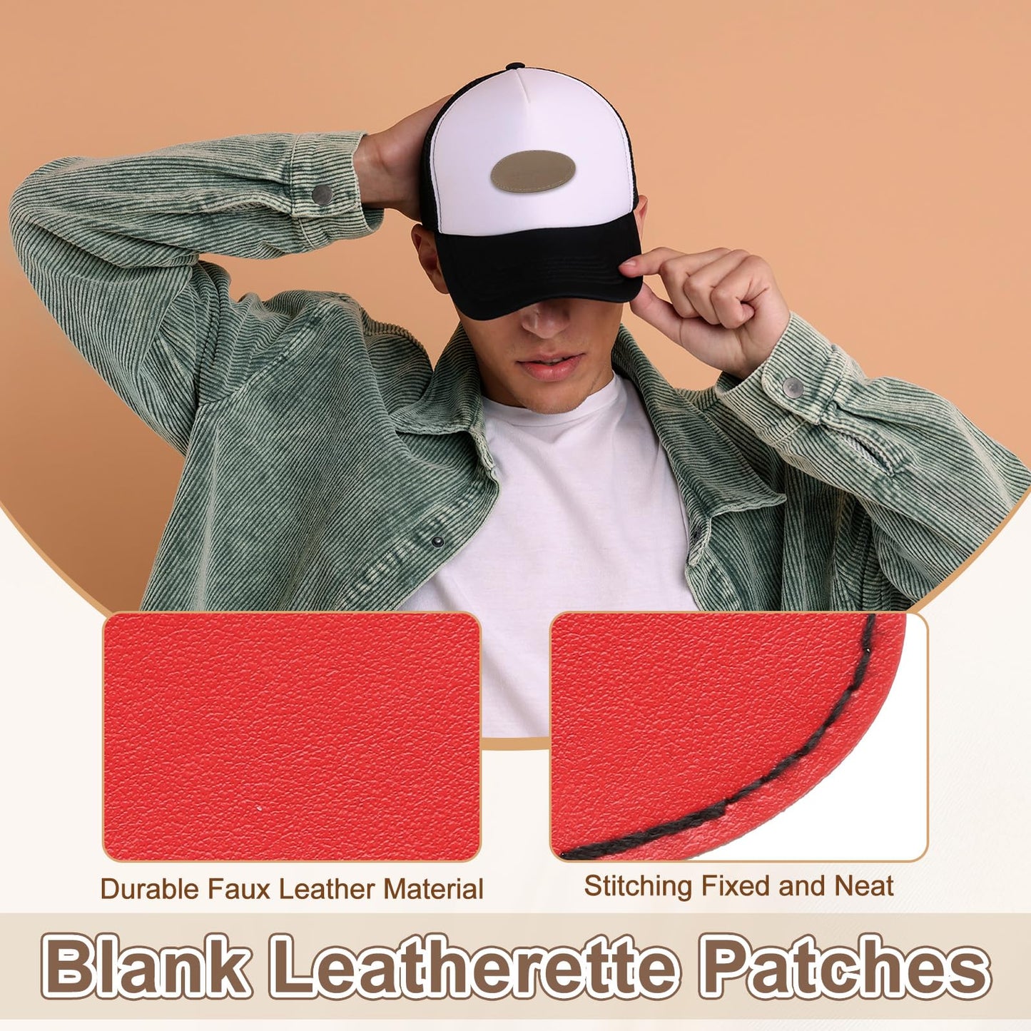 MECCANIXITY Blank Leatherette Patches, 3x2 Inch Oval Faux Leather Hats Patches with Adhesive Iron-on Heat Press Laserable Rustic for Hats DIY Fabric Repair Sew(Red, Pack of 60)