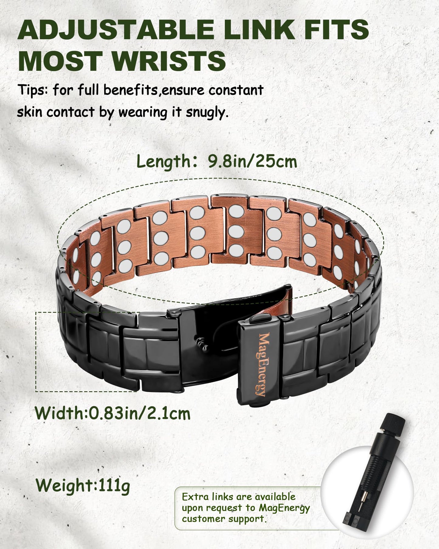 MagEnergy Copper Bracelet for Men, 3X Strength Magnetic Bracelet & 3800 Gauss Magnets, Copper Jewelry Gifts, Premium Fold-Over Clasp