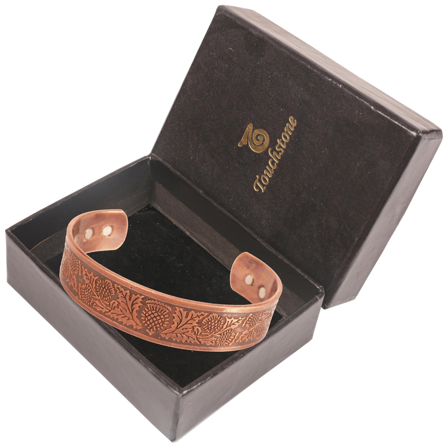 Touchstone handcrafted magnetic copper bracelet. Hand forged with solid and high gauge Tibetan style engraved cuff pure copper jewelry for women men. Pretty Celtic Design