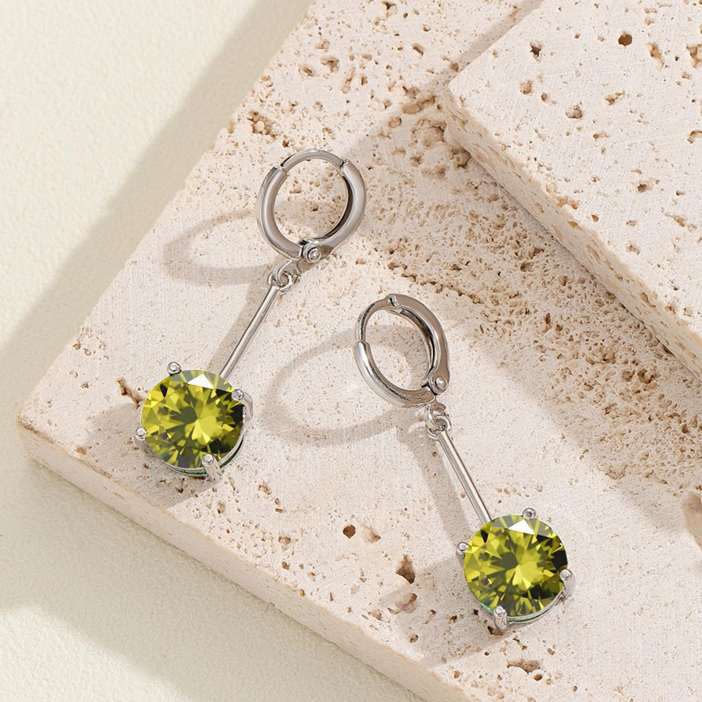 VONSSY Gemstone Drop Dangle Earrings | Platinum /Gold Plated Leverback Crystal Cubic Zirconia Hanging Red /Pink/Blue Earrings (Olive Green-Platinum)
