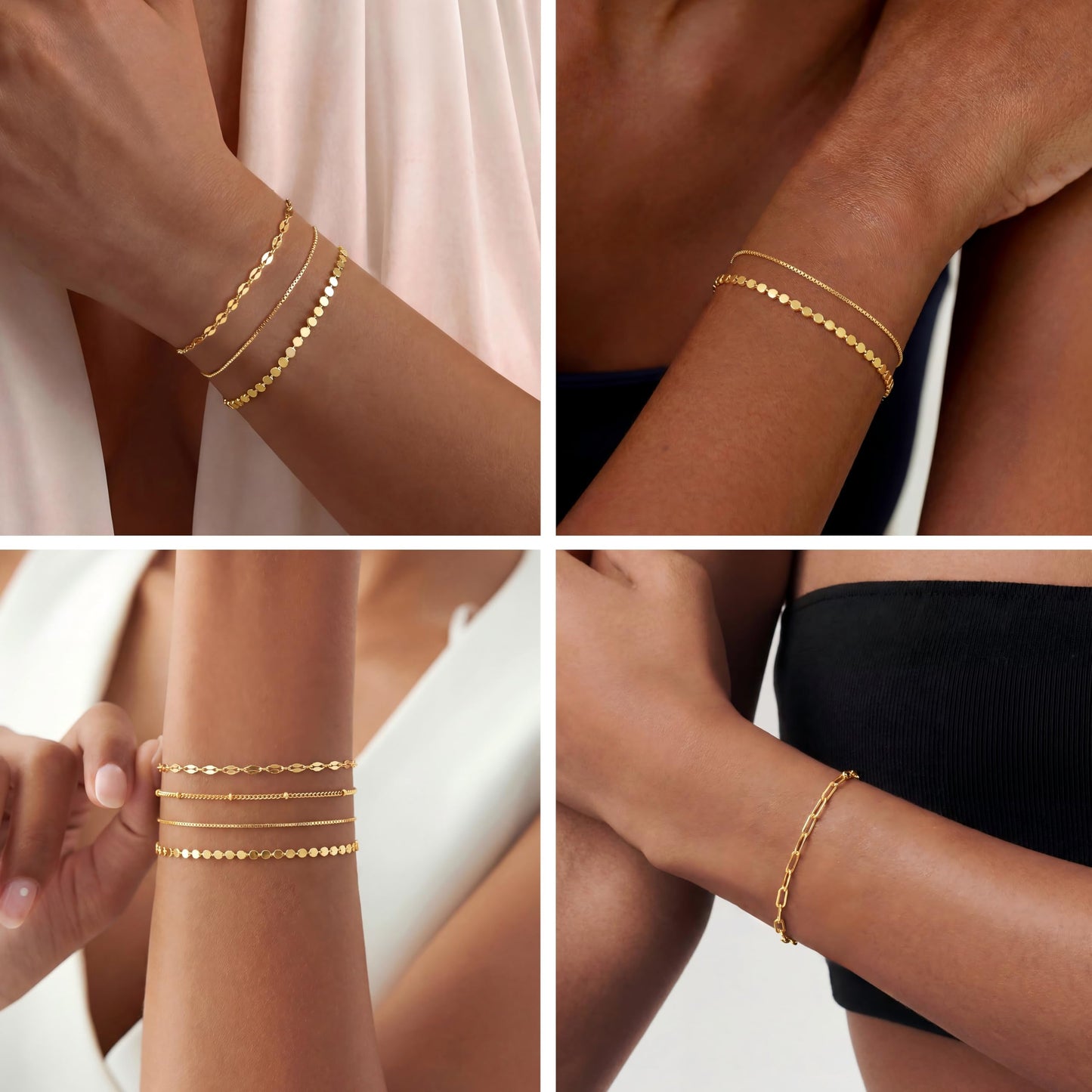 Dainty 14K Gold Plated Bracelets for Women, Stackable Satellite Paperclip Lip Bracelet Set Tiny Lip Dot Chain Box Link for Handmade Gift Minimalist Cute Trendy Jewelry Gold Accessories for Women
