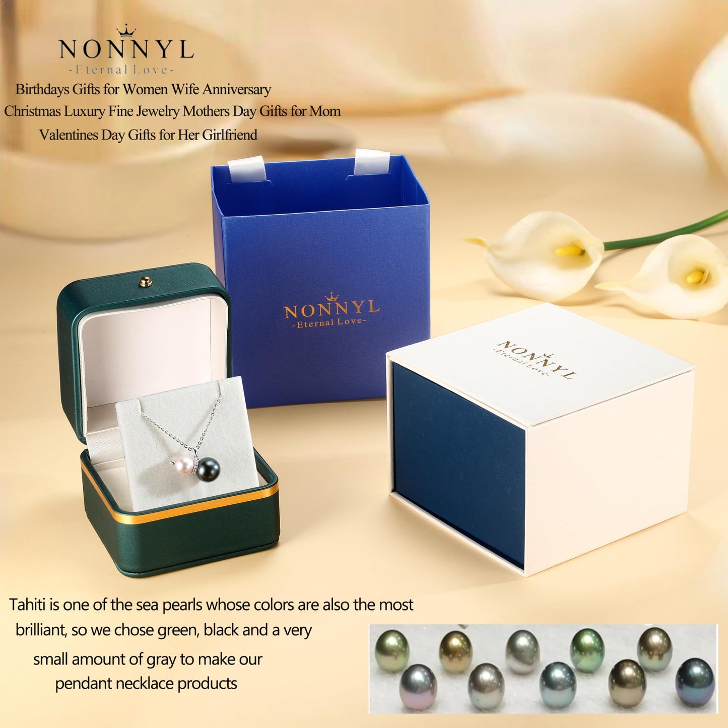 NONNYL Gifts for Women Wife Real Tahitian Black Pearl Necklace - Luxury Pearl Womens Jewelry, Romantic Valentines Gift for Wife from Husband- Christmas Day Birthday Gifts ,Wedding Anniversary, Mothers Day Gift