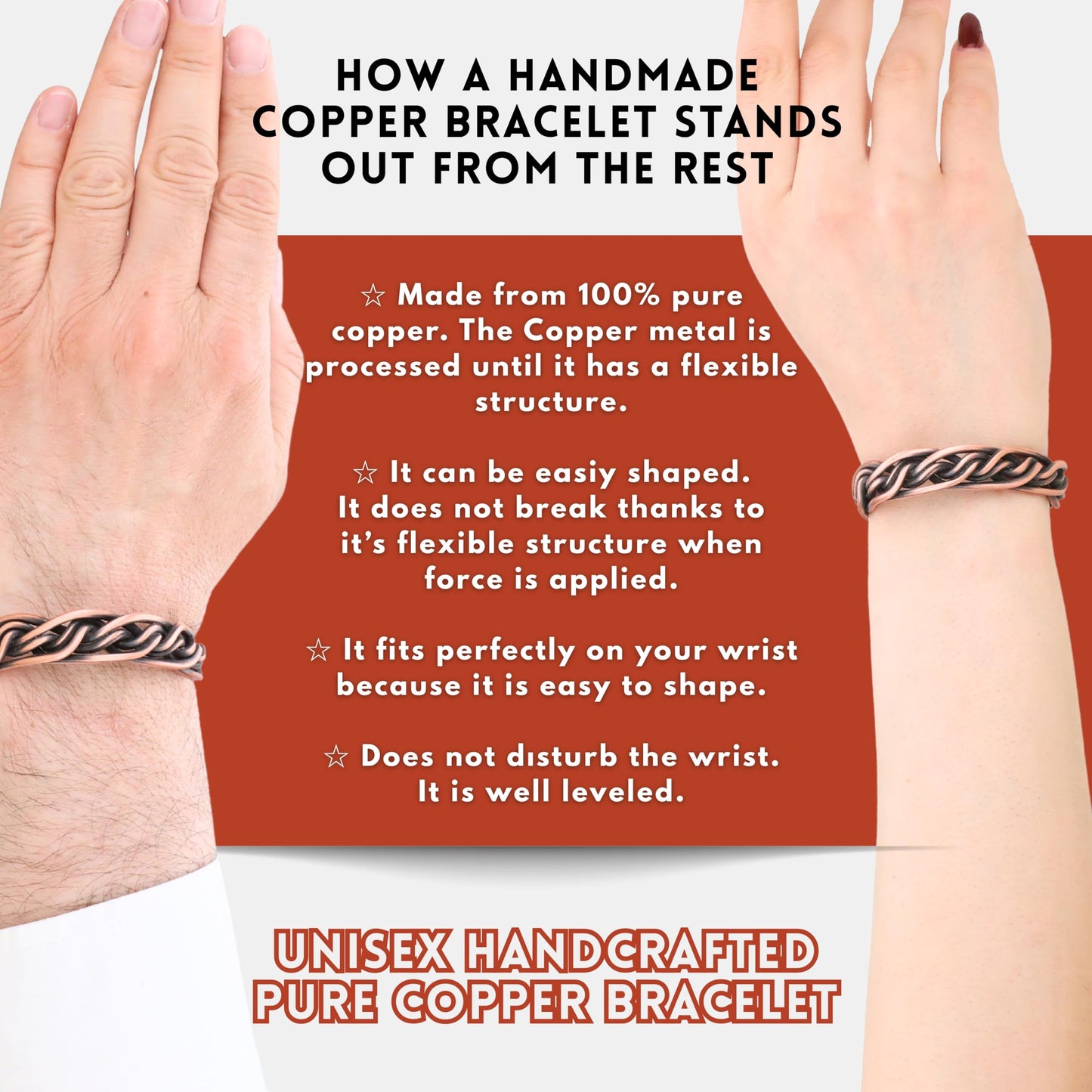 Handmade Elegant Copper Bracelet for Women and Men-Pure Copper Bracelet for Pain Relief and Stress Relief-Adjustable, Thickest, Twisted Copper Wire Bracelet to Fit many Size Wrist(folded) (intricate-small)