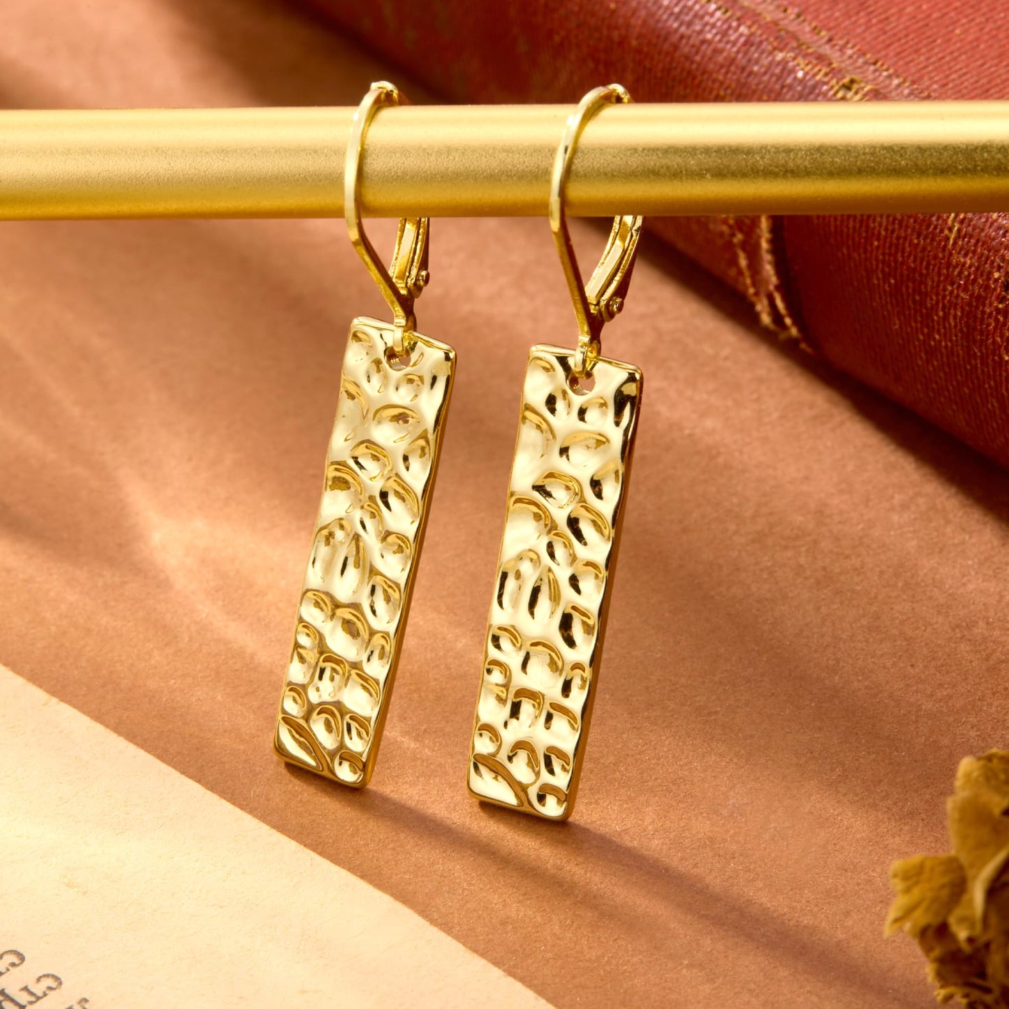 ALEXCRAFT Gold Dangle Drop Earrings for Women, 14K Goldplated French Hook Leverback Earrings, Lightweight Trendy Earing Gold Long Chunky Hammered Square Bar Drop Earing for Women Statement Jewelry