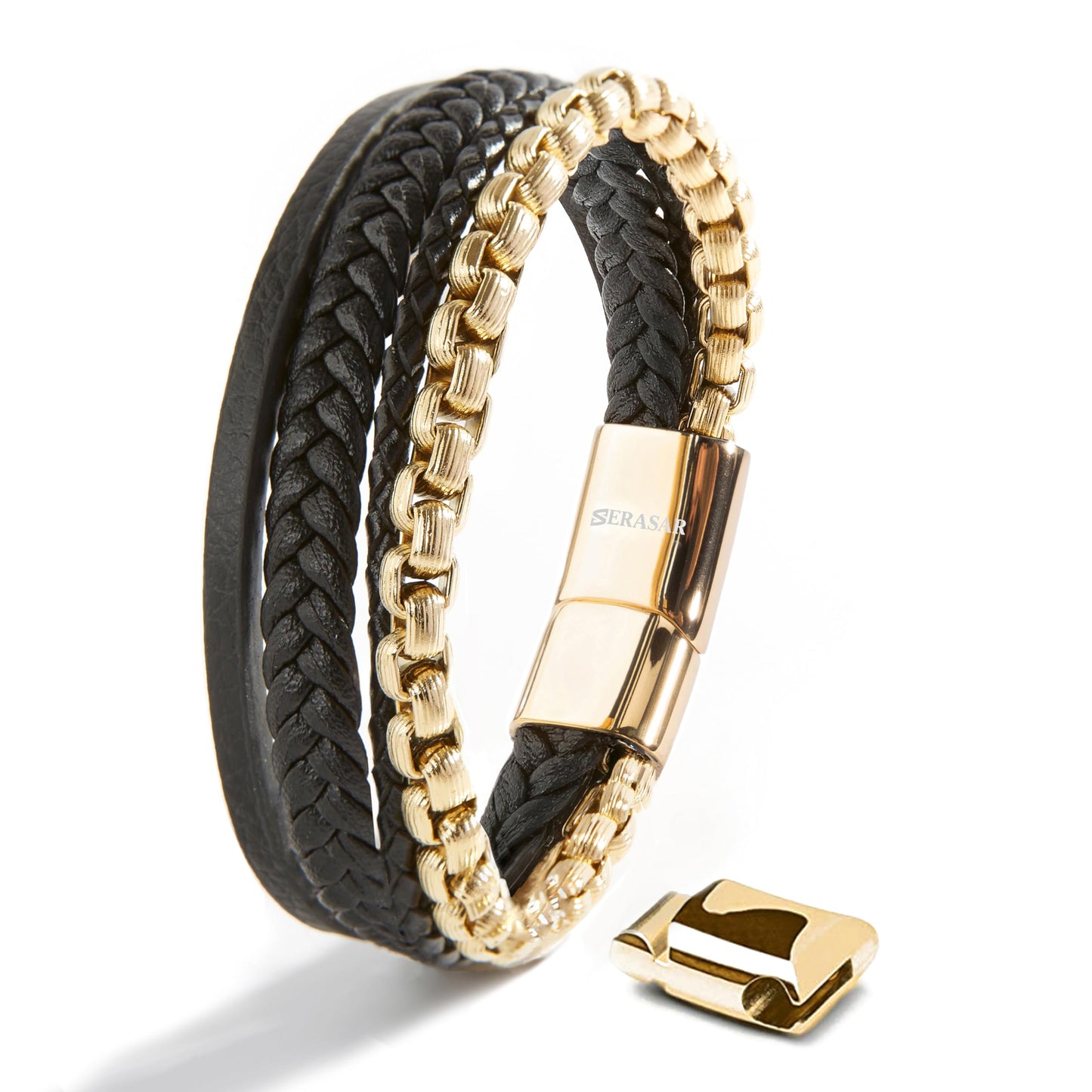 SERASAR Pulseras para hombre Caja de regalo oro 23cm Piel vacuno trenzada cuero genuino Cierre magnético ajustable joyería múltiples capas Hombres