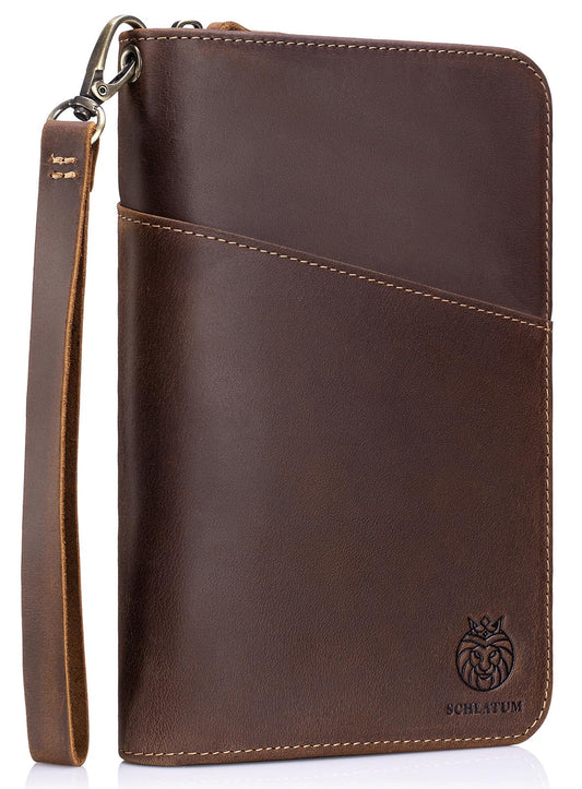 SCHLATUM Leather Family Passport Holder RFID Blocking Vintage Zipper Large Capacity Travel Wallet with 6 Passport Slots & Wristlet