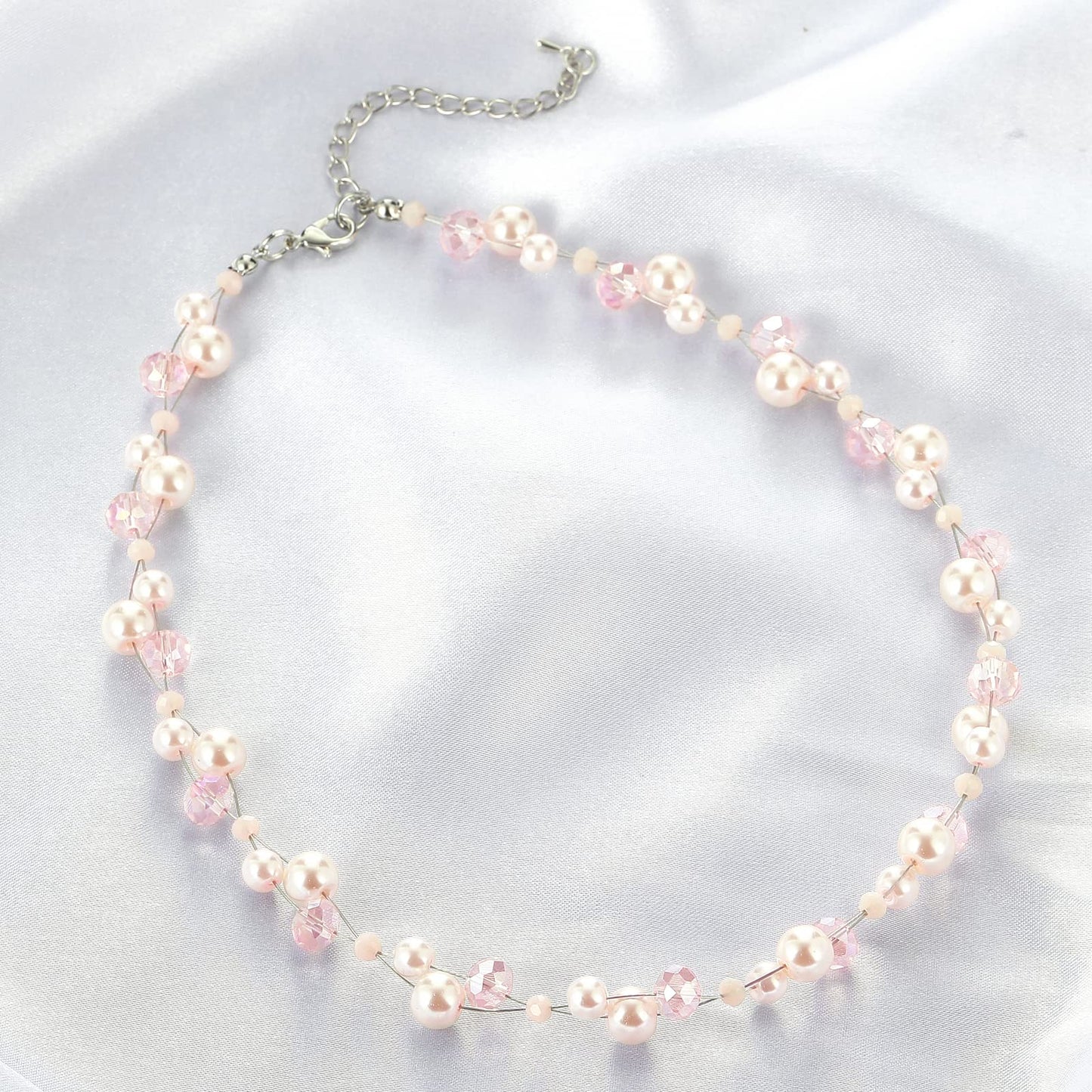 Short Beaded Turquoise Necklace For Women - Fashion Jewelry with Pearl and Crystal Bead, Birthday Gifts For Women (27-light pink)