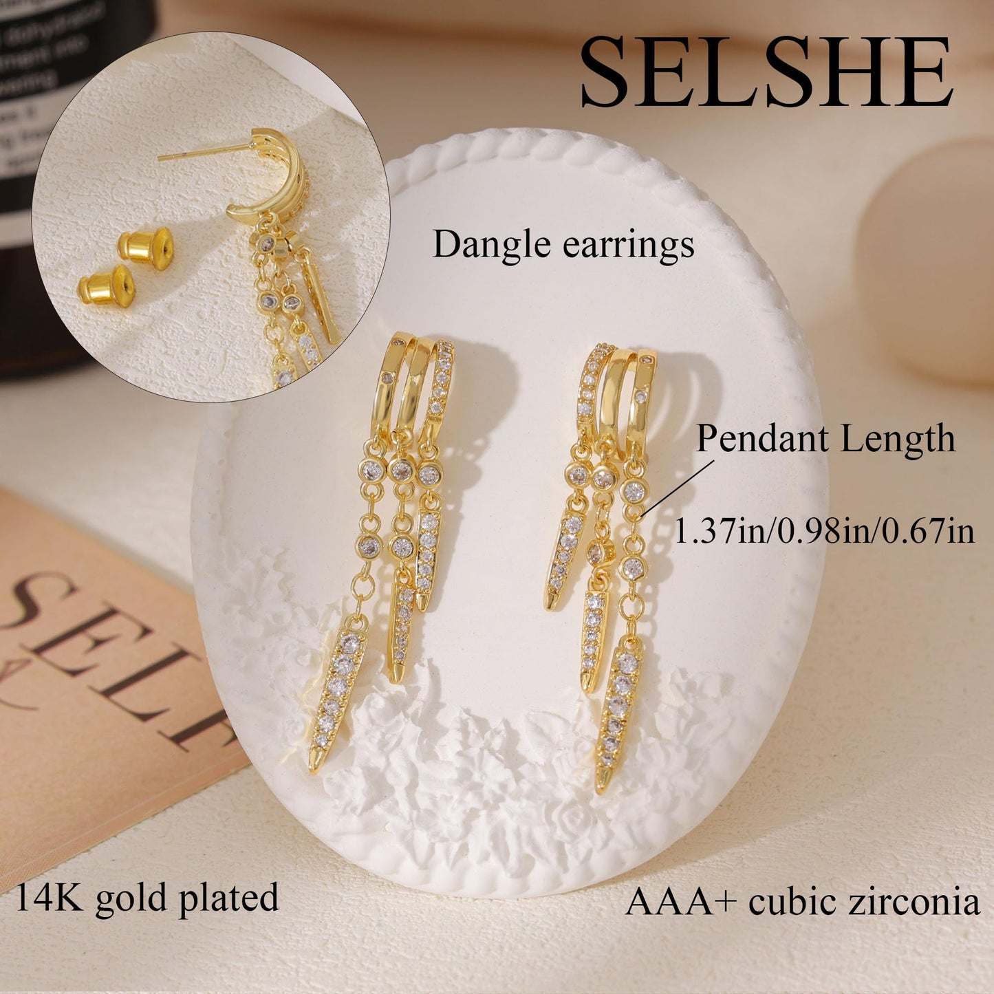 SELSHE Dangle Earrings for Women,14K Gold Plated Long Chain Earring Dainty Triple Drop Earrings Hypoallergenic Huggie Earrings for Women Trendy Fashion Accessories Womens Jewelry