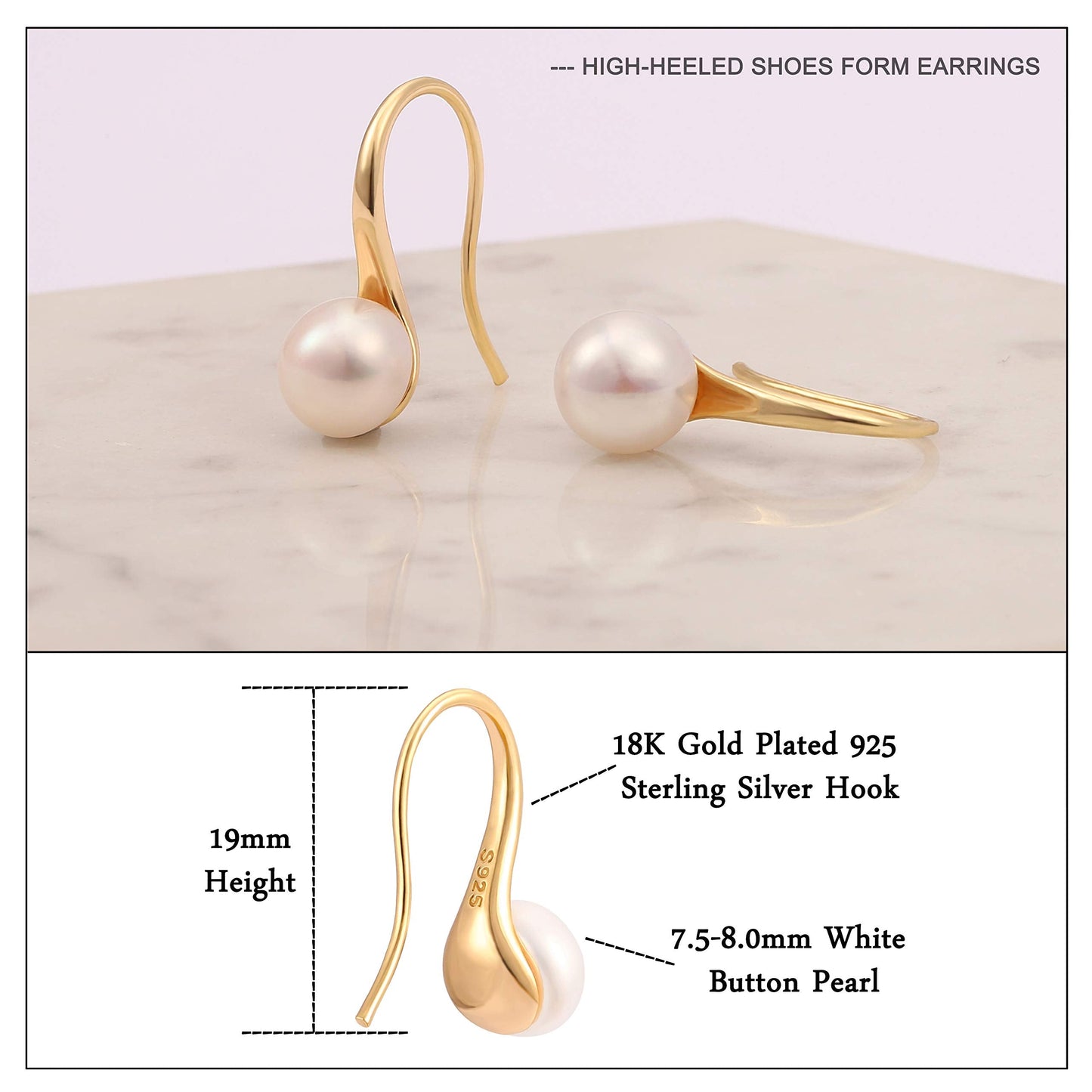 18K Gold Plated 925 Sterling Silver Hoop Freshwater Cultured Pearl Drop Dangle Earrings for Women Fashion Handmade Jewelry for Bridesmaids Gifts
