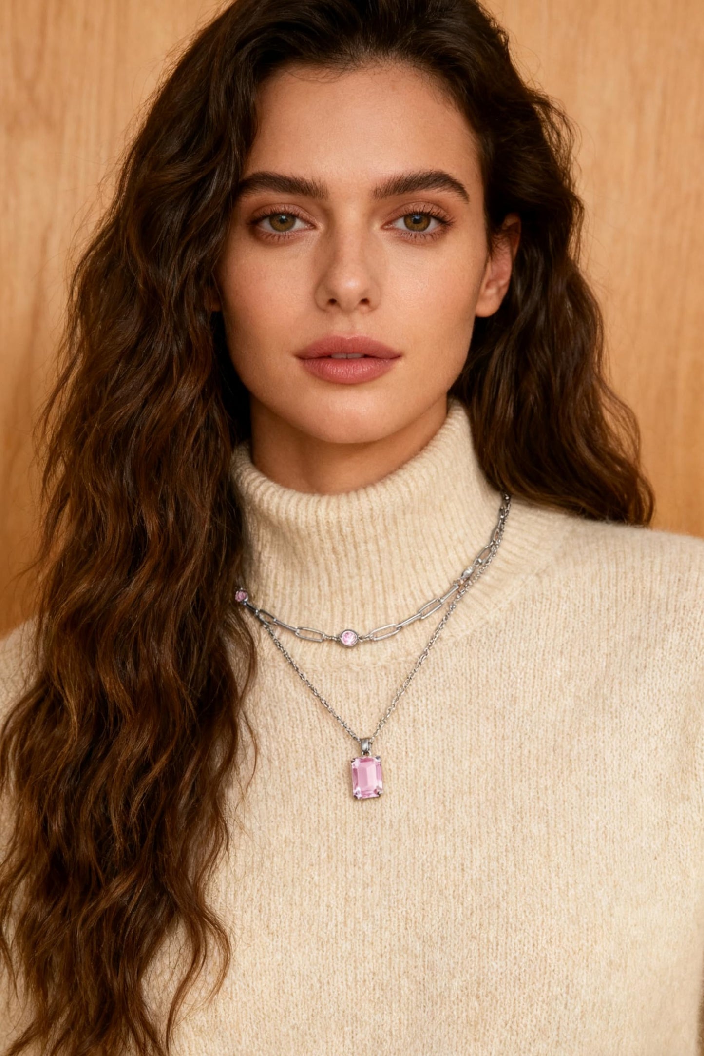 VANGETIMI Pink and Silver Layered Pendant Necklaces for Women Silver Plated Crystal Choker Necklace Paperclip Rhinestone Necklace Party Prom Jewelry