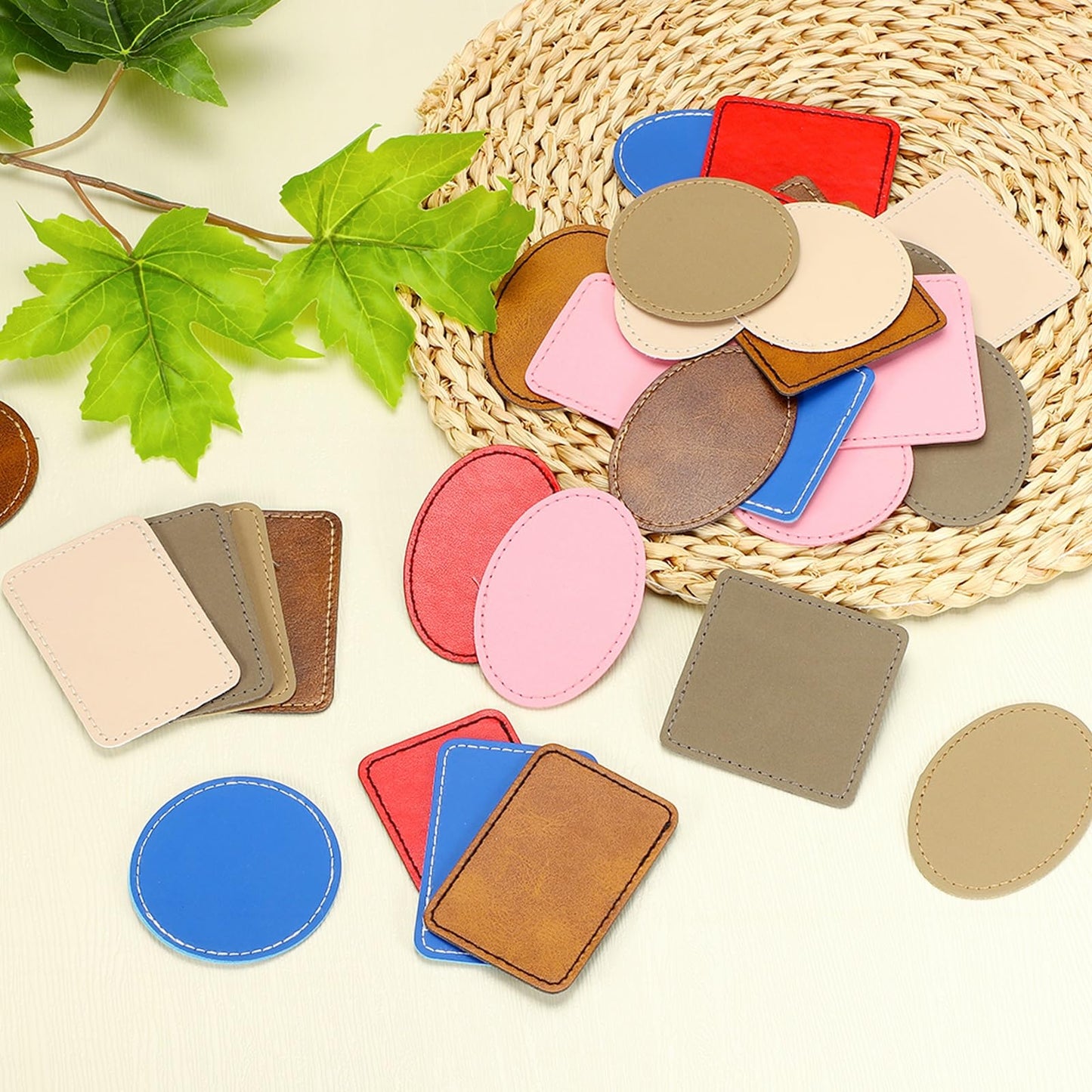 uxcell 20 Pcs Leather Patches for Hats, Round Leather Hat Patches with Adhesive, Rustic Faux Iron on Blank Patch for Laser Engraving Fabric Repair Sew Crafts, Blue