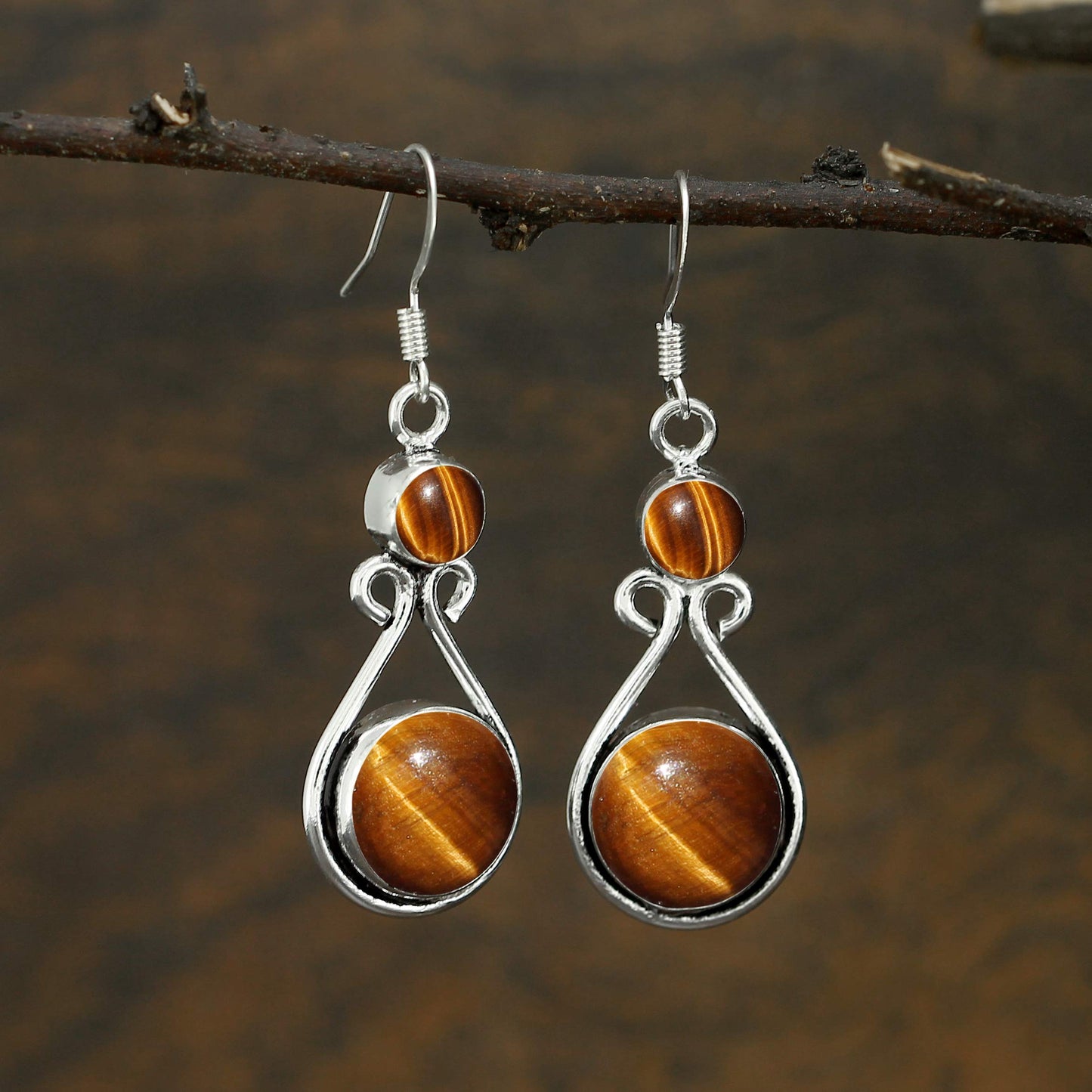Natural Tiger Eye Silver Plated Dangle Earrings for Women - June Birthstone Round Gemstones Drop Earrings Handmade Jewelry - Wedding Christmas Gift for Her
