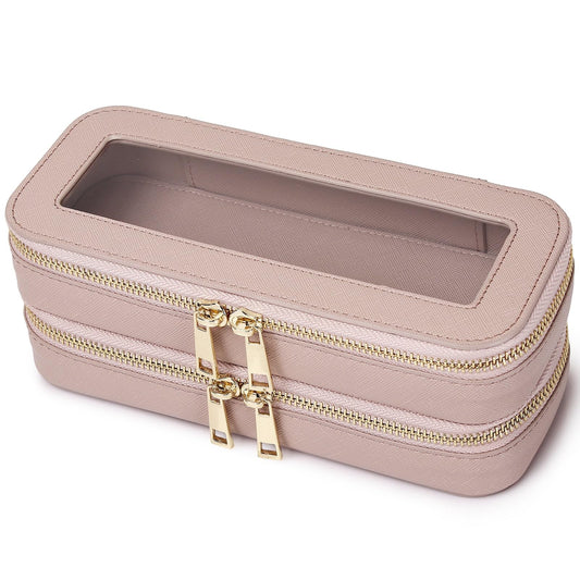 Pinkmik Double Layer Makeup Bag Makeup Brush Case Waterproof Travel Cosmetic & Toiletry Bag Purse Organizer and Car Essentials for Women (Pink, Double SLIM)