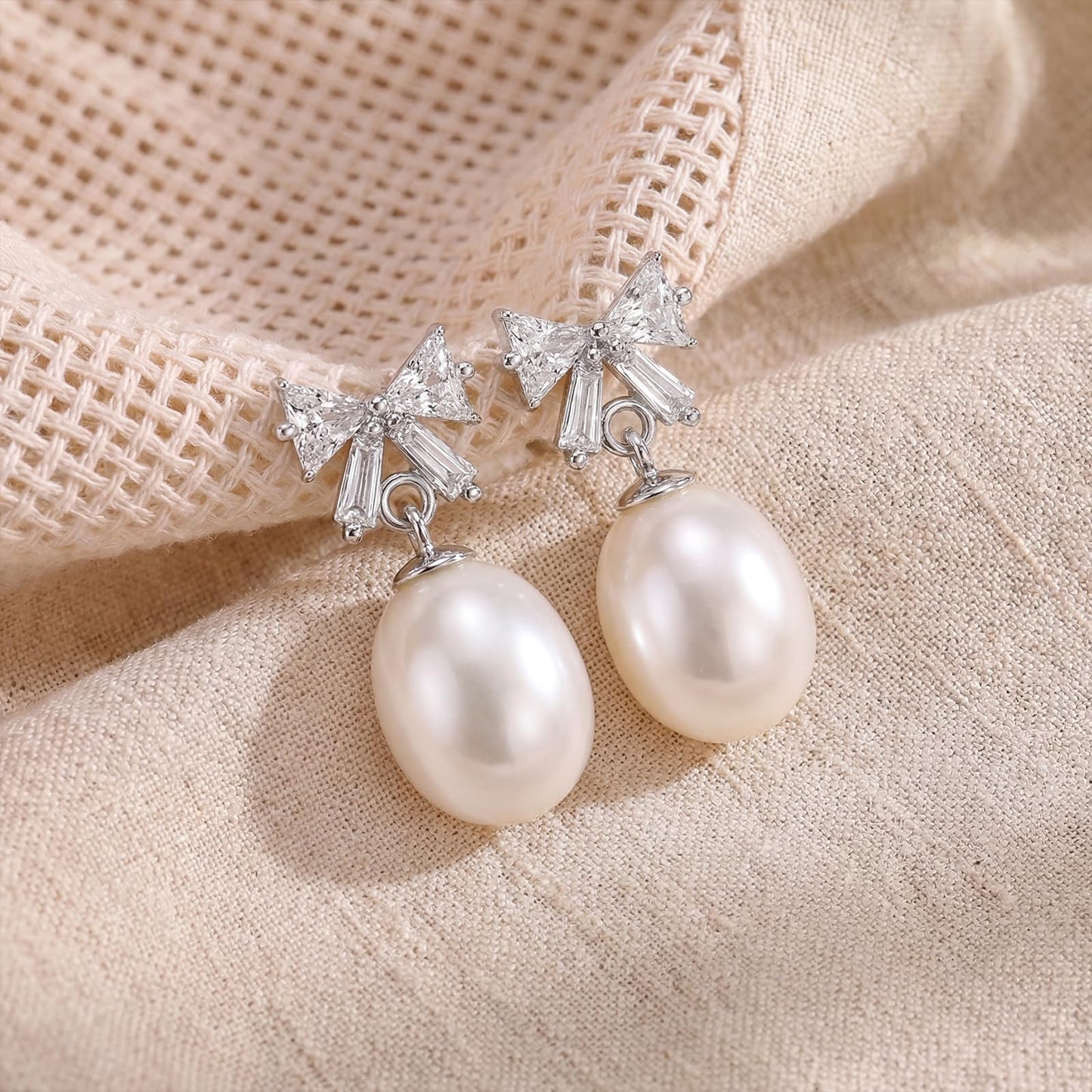 Pearl Drop Earrings for Women, Gold Plated & 925 Sterling Silver, Pink & White Dangle Earrings, Dainty Cute Elegant Bridal Wedding Gift for Her | Christmas Gift for Women (Silver Bow White Pearl)