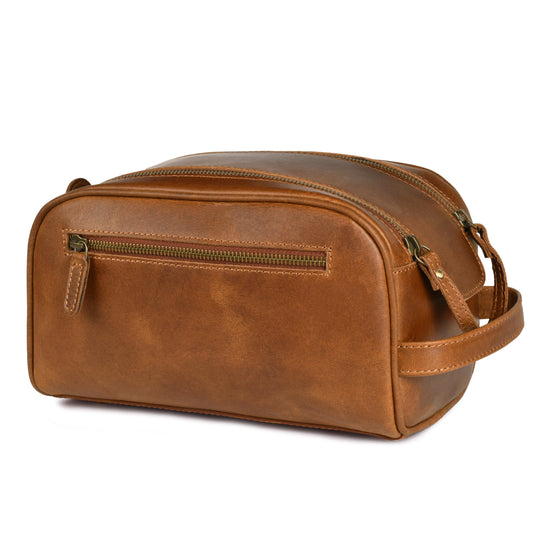 LEATHER VILLAGE Genuine Leather Toiletry Travel Bag With Waterproof Lining - Sun Tan | King-Size Handcrafted Vintage Dopp Kit Bag, Shaving & Bathroom Organizer, Gift for Men & Women