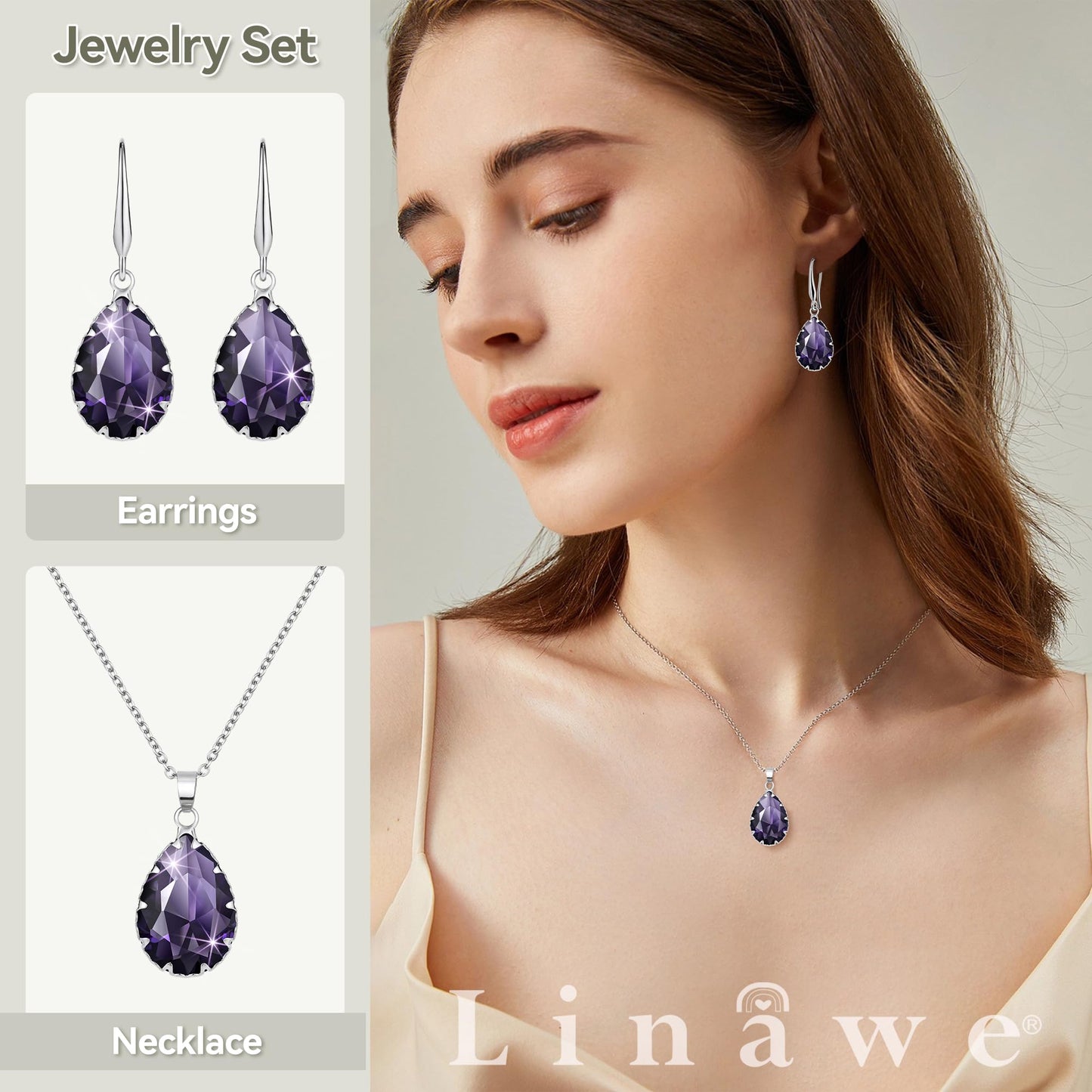 Linawe Amethyst Crystal Purple Pendant Necklace, Silver Jewelry Set, Lavender Imitation Diamond Rhinestone Dangle Earrings, Boho Wedding Jewelry Teardrop Cubic Zirconia Birthstone