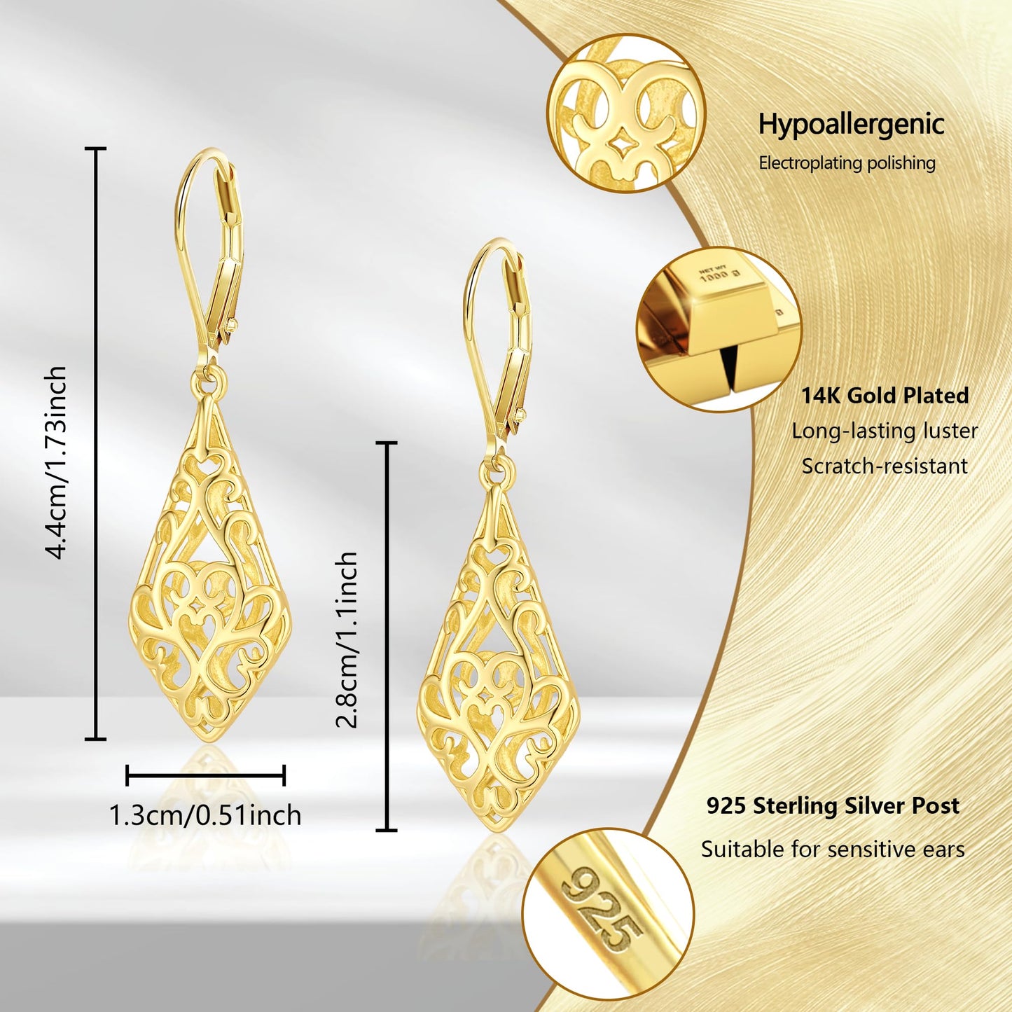 14K Gold Dangle Earrings for Women, Geometric Filigree Dangling Leverback Earrings, Gold Hypoallergenic Lightweight Dangly Drop Earings for Women Trendy Jewelry Gifts
