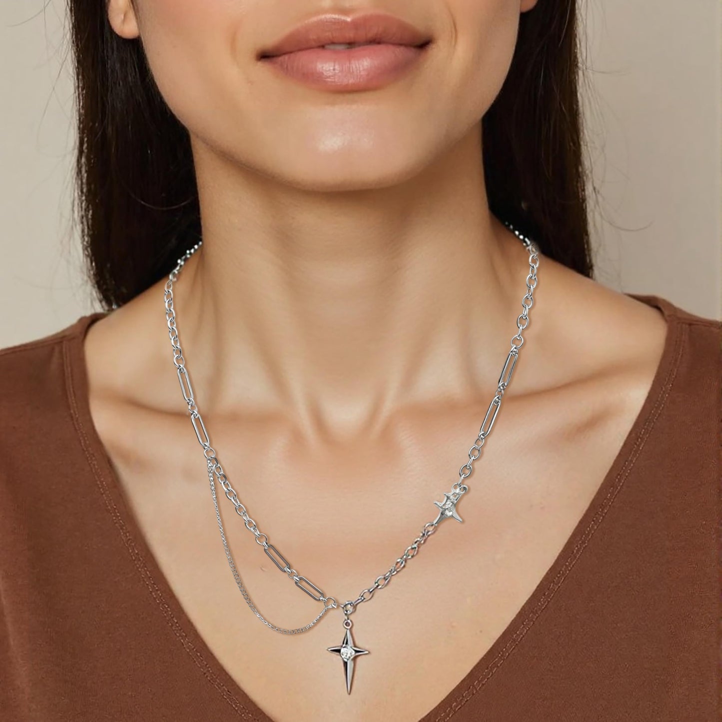 Buyongwant Irregular Necklace for Women Star Y2k Asymmetrical Design Fashionable Silver Jewelry
