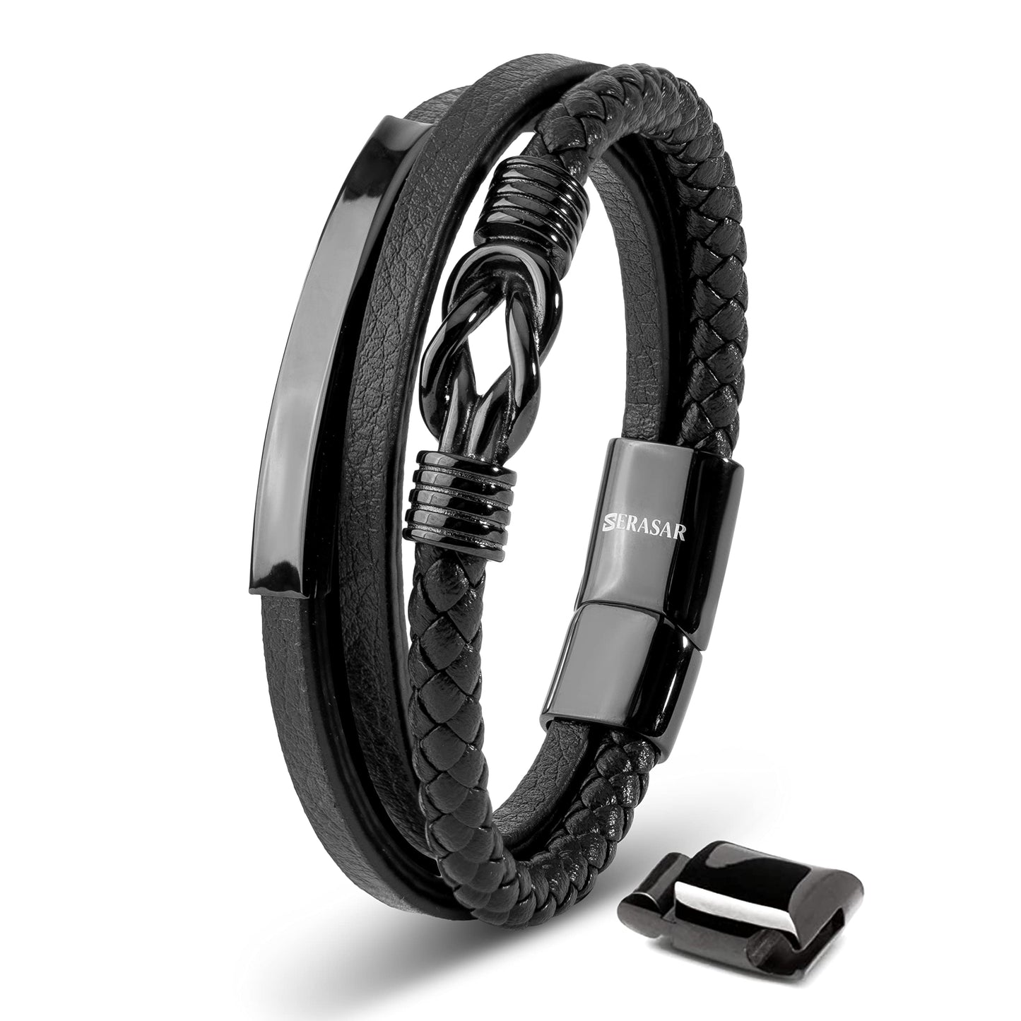 SERASAR Pulsera de cuero negro para hombre 23cm negra Hombres Caja regalo genuino Trenzado Multicapa Abrigo Pulseras masculinas Joyas magnéticas